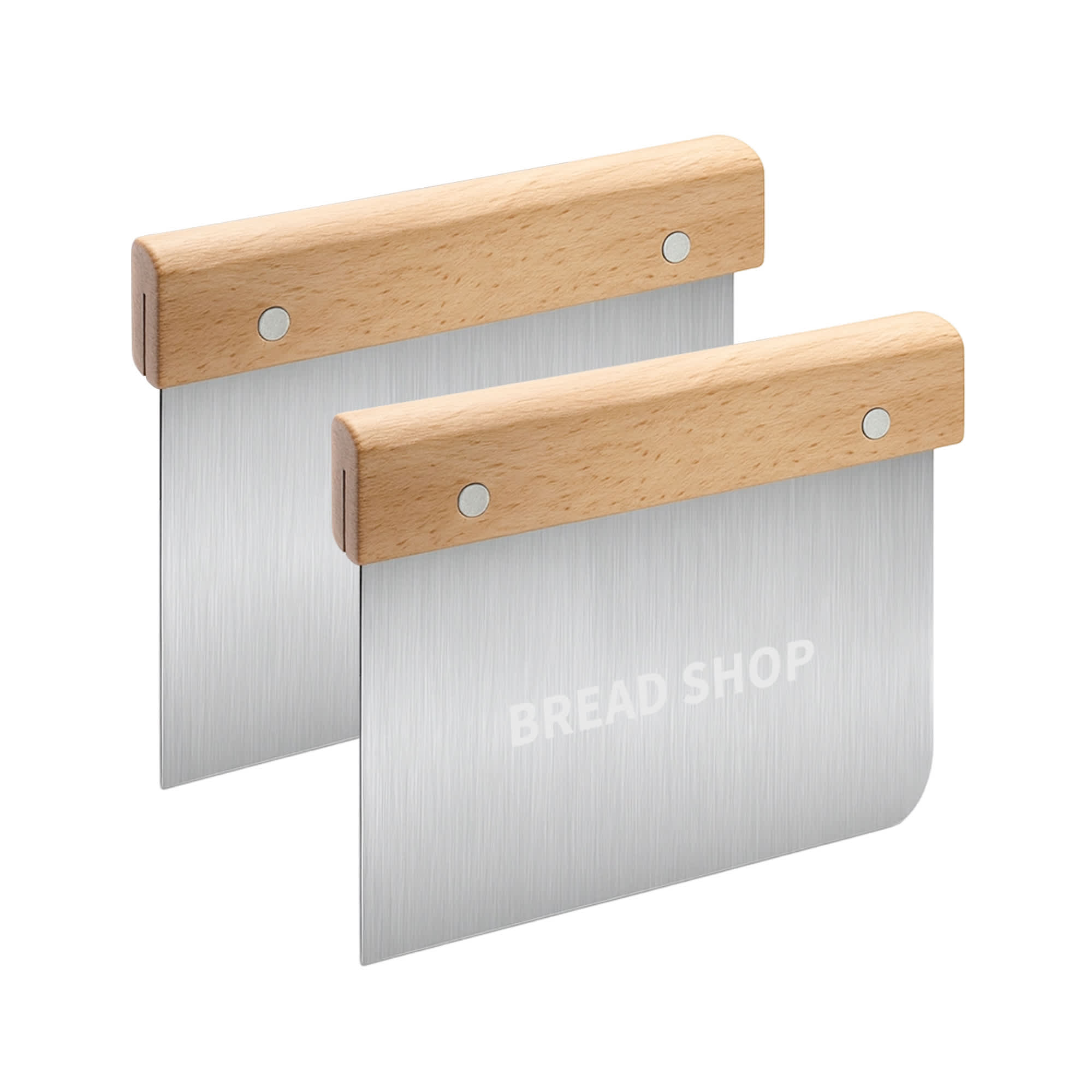 A set of two flour cutters featuring beechwood handles and stainless steel blades. The handles are light wood in colour. Beechwood Handle Flour Cutter - Image 1