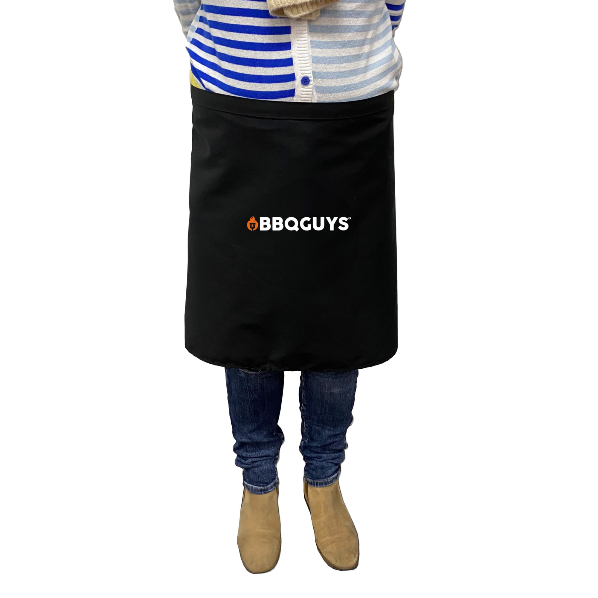 A black waist apron with a logo, worn by a person standing, dressed in casual attire. Waist Apron - Image 1