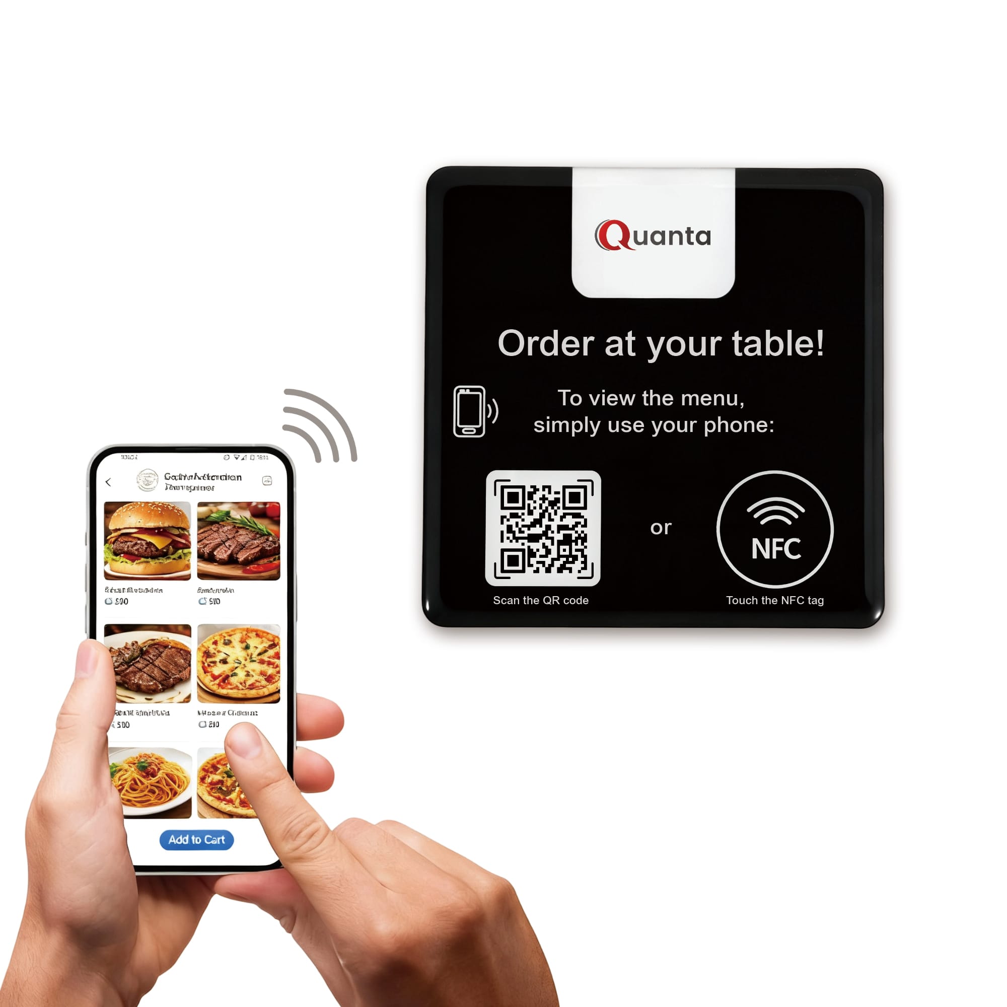 A black NFC epoxy desk tag with a QR code and a smartphone displaying a food menu. It has a logo. NFC Epoxy Food Ordering Desk Tag - Image 1