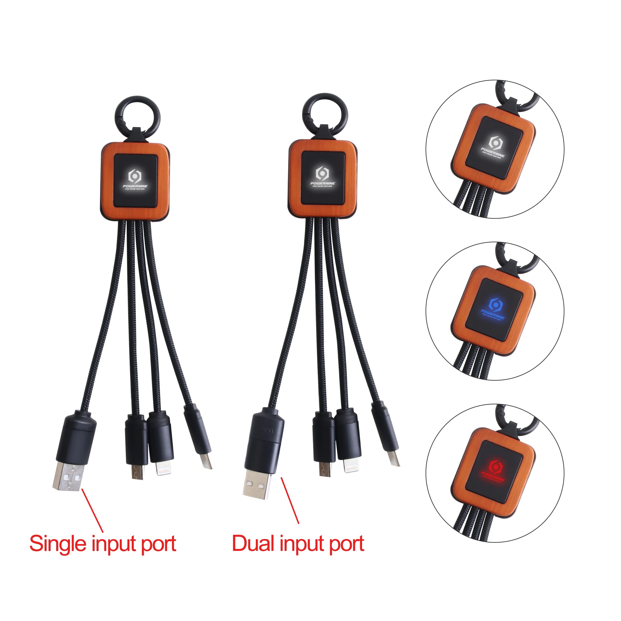 A charging cable with a square-shaped connector featuring dual input ports, black cords, and a branded logo. Light Up Charging Cable - Square Shape - Image 1