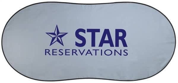 A light blue auto sunshade with a black border and a logo featuring the word "STAR RESERVATIONS". Auto Sunshade - INDENT - Image 1