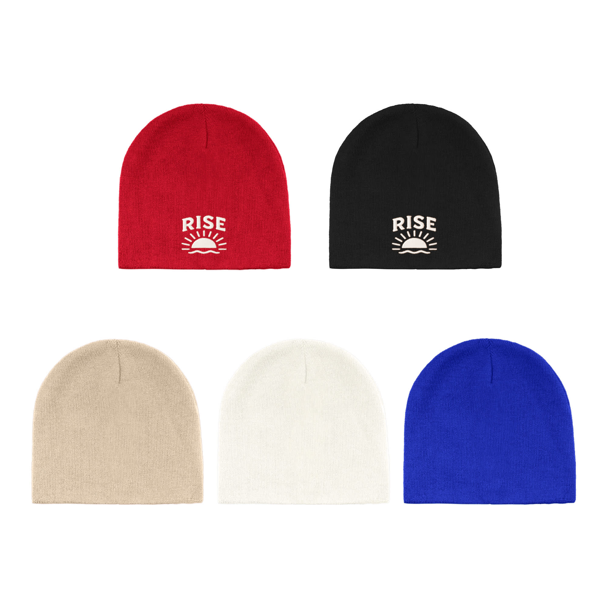 A collection of beanies in red, black, beige, white, and blue, featuring a logo on some. Commando Beanie - Image 1