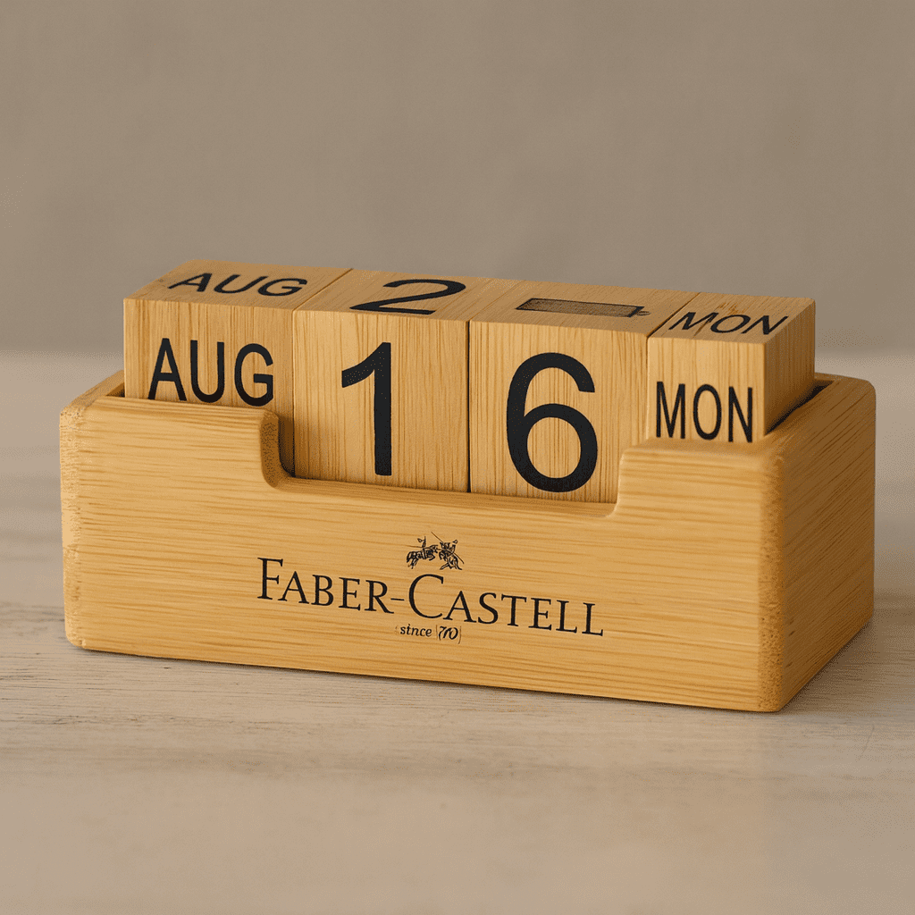 A bamboo perpetual calendar featuring wooden blocks to display the date and month, with a Faber-Castell logo. Bamboo Perpetual Calendar - Image 1