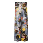 A pair of wide-legged pants featuring a vibrant multicoloured print with abstract designs and a variety of graphics.
