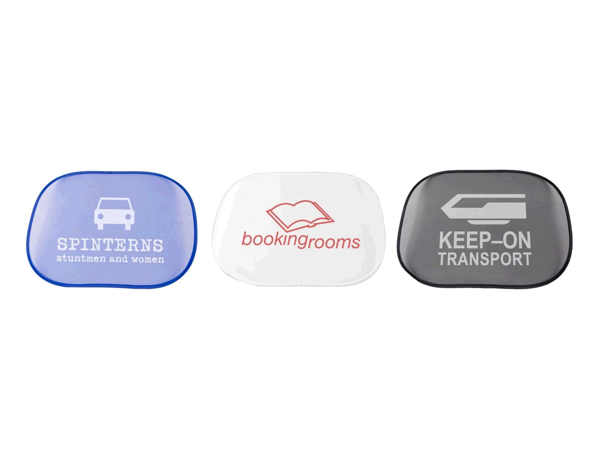 Three sunshades in blue, white, and grey, each featuring different designs and a logo. Sunbuster Sun-Shade INDENT (2 shades) - Image 1