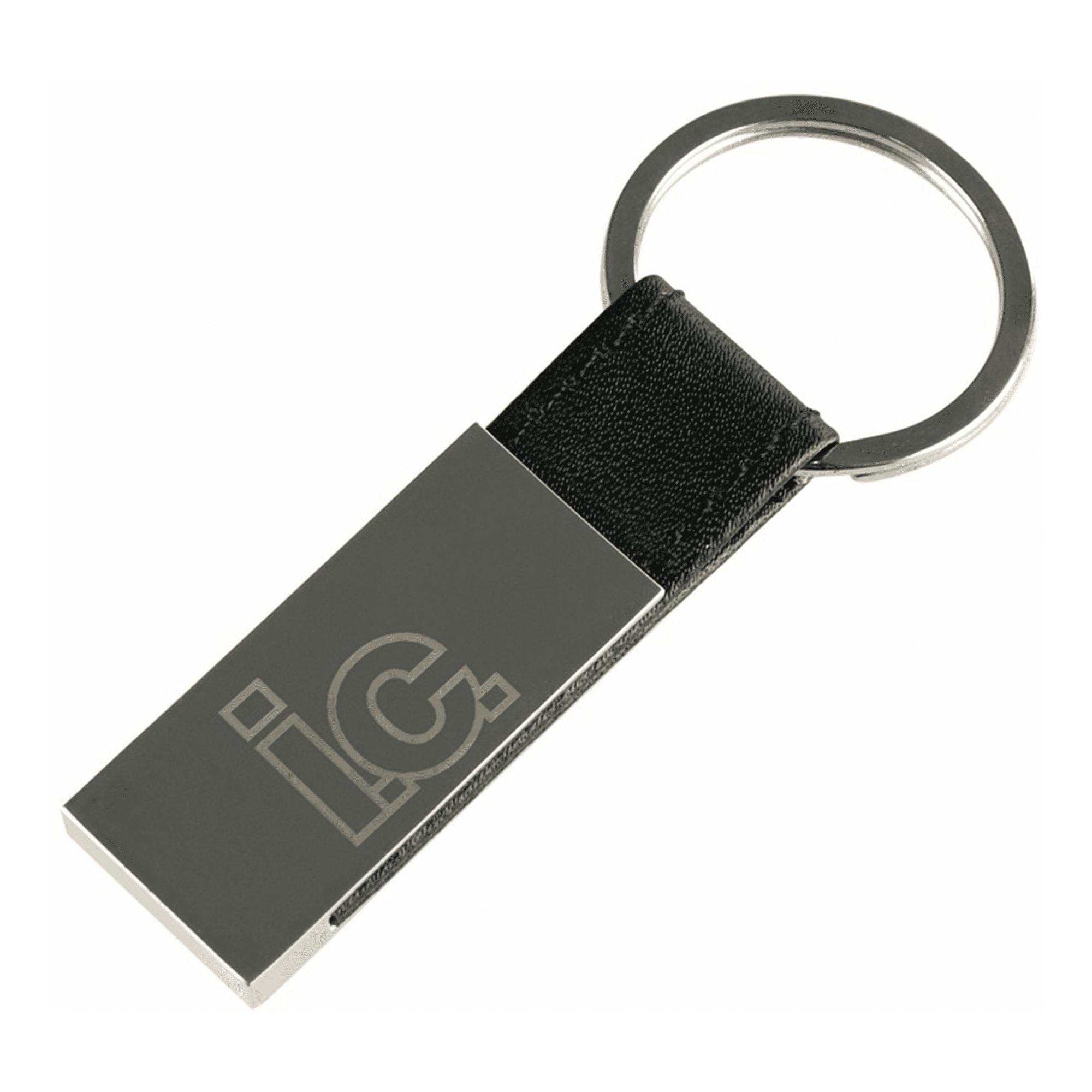 A black leather keychain with a silver metal rectangular attachment and a logo. Hudson Leather Keychain - Image 1