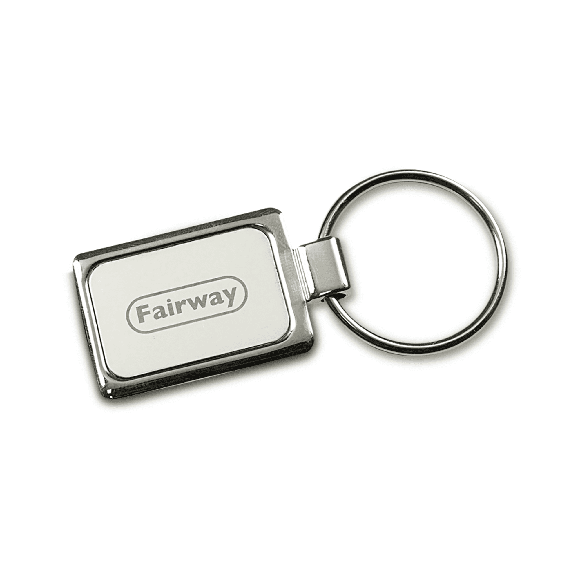 A rectangular metallic keychain with a silver finish and a white panel featuring a logo. Accent Rectangular Keychain - Image 1