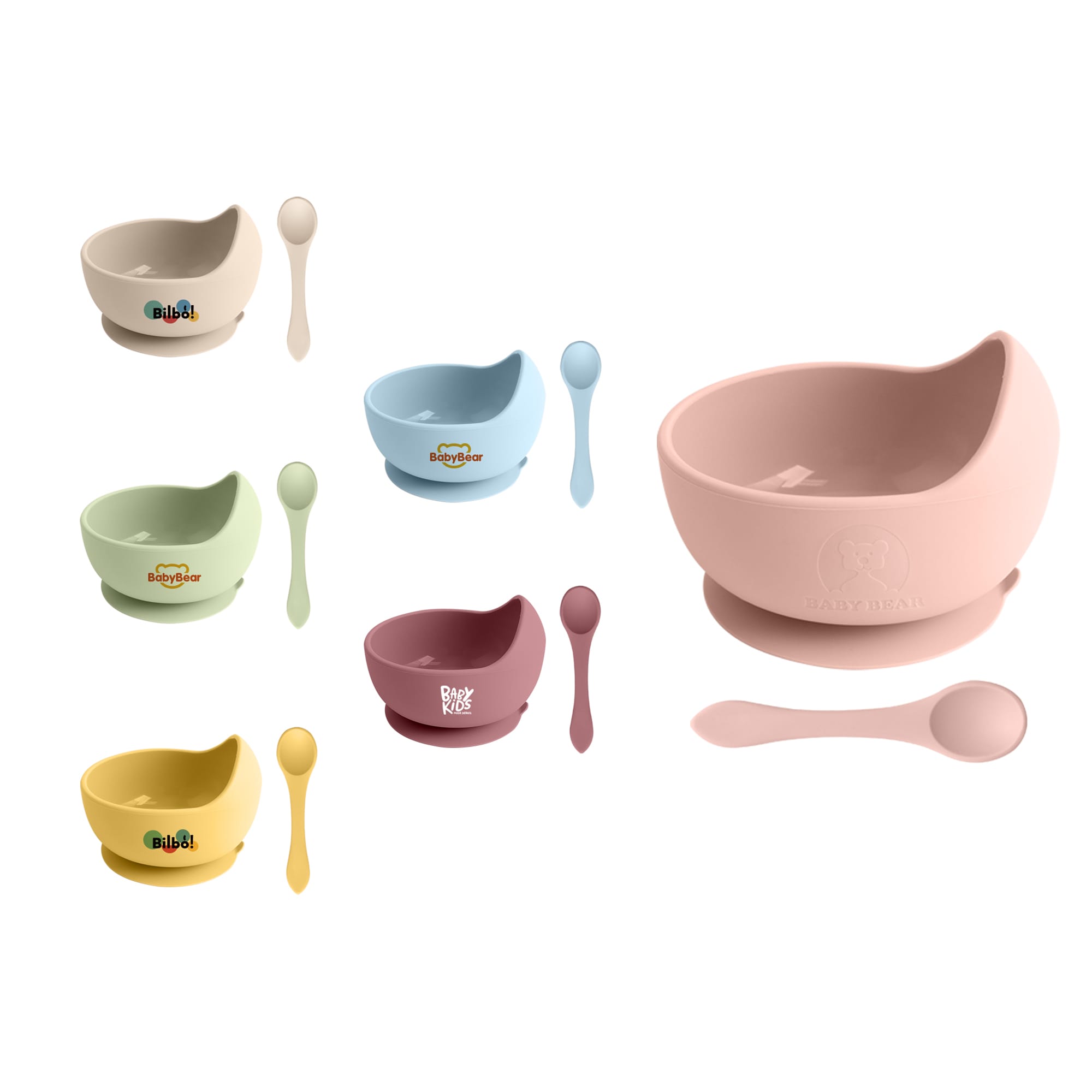 A set of silicone kids' suction bowls in various colours, each paired with a matching spoon, features a logo. Silicone Kids Suction Bowl - Image 1