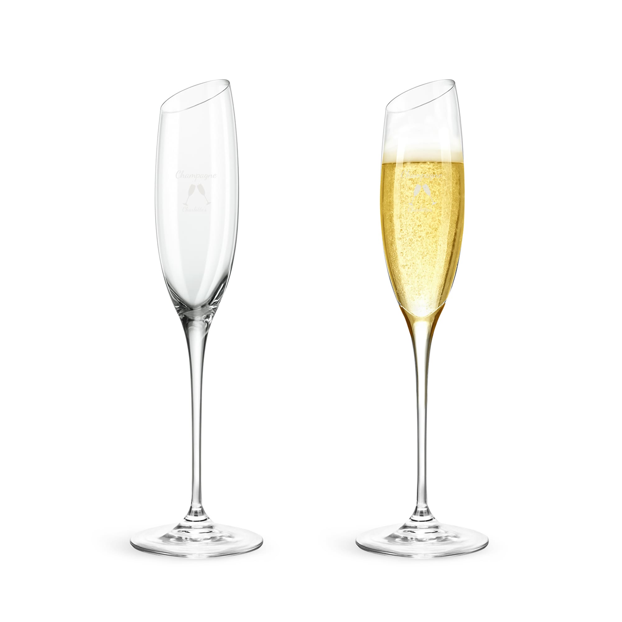 A slanted champagne glass in clear and filled with sparkling champagne, featuring an elegant, curved design. Slanted Champagne Glass - Image 1