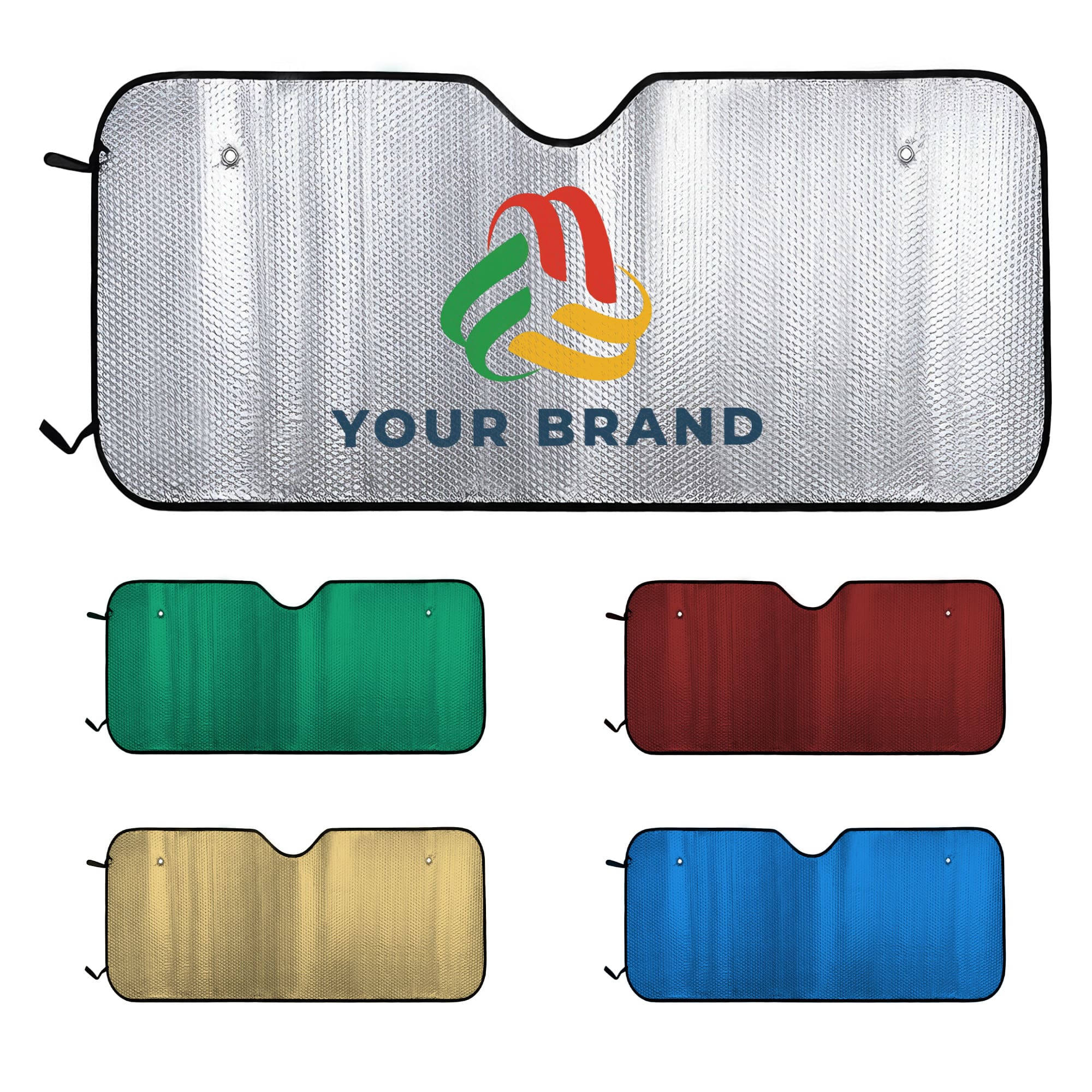 A silver bubble aluminium car sunshade with a logo in the centre, available in green, red, gold, and blue options. Bubble Aluminum Car Sunshade - Image 1