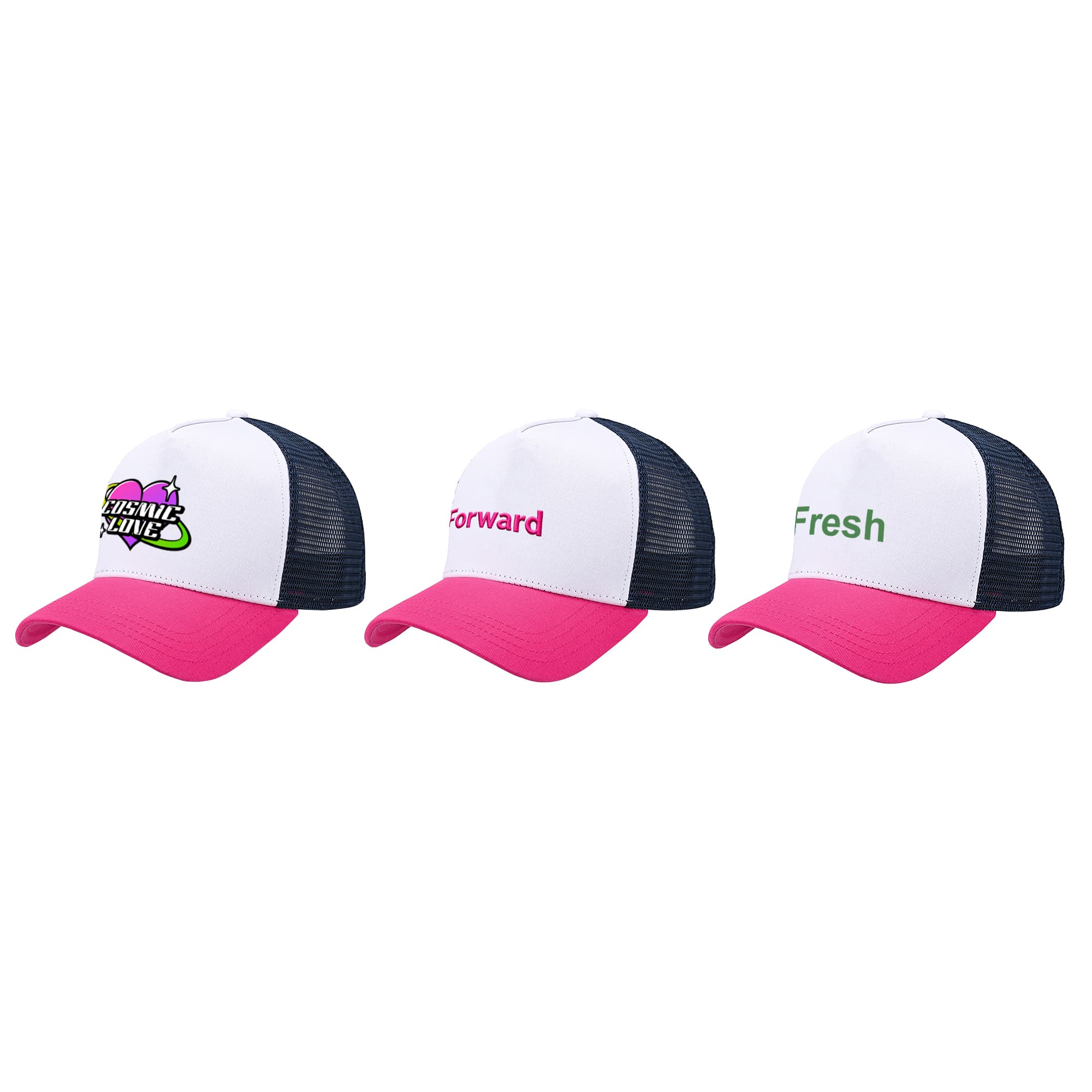 Three Premium Vintage Trucker Hats featuring pink brims and mesh backs, each with different logos on the front. Premium Vintage Trucker Hat - Image 1