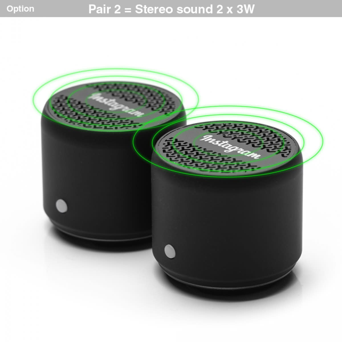 Two black Bluetooth speakers with a textured surface and a logo, designed for stereo sound with 2 x 3W output. OBI Bluetooth Speaker - Image 1