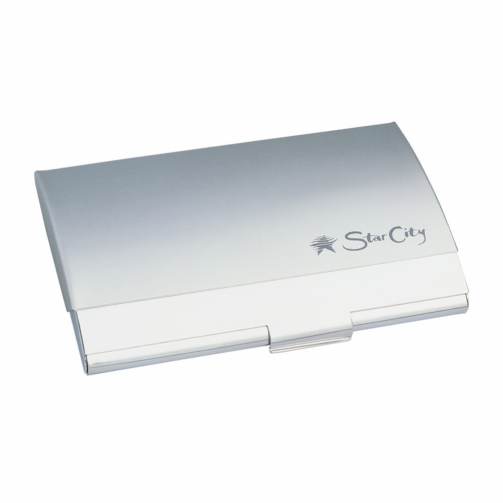 A sleek silver deluxe pocket business card holder with a logo on the surface. Ideal for storing business cards. Deluxe Pocket Business Card Holder - Image 1