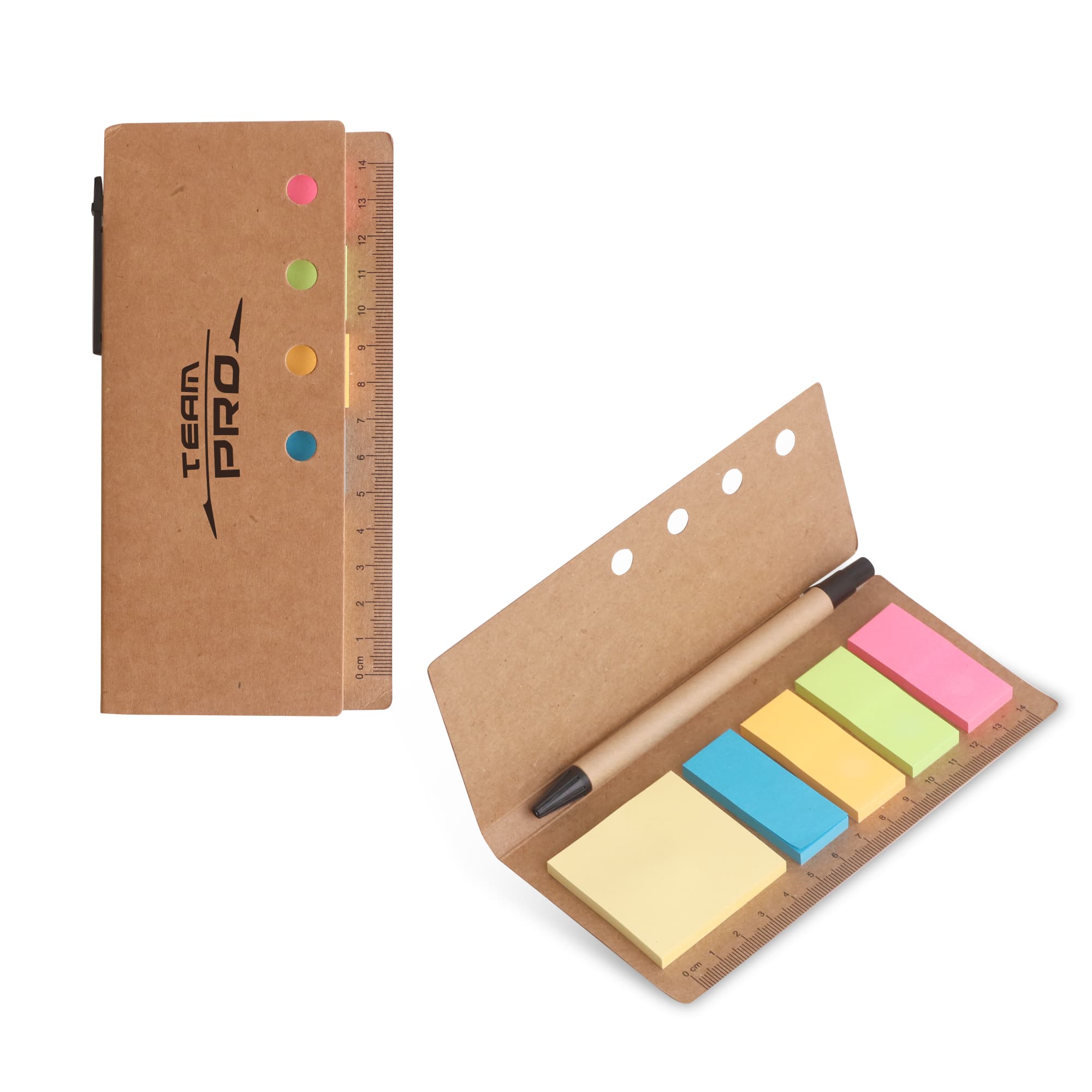 A sticky note pad with a ruler and pen, featuring green, pink, yellow, and blue notes, in a brown cover. Ruler Sticky Note Pad with Pen - Image 1