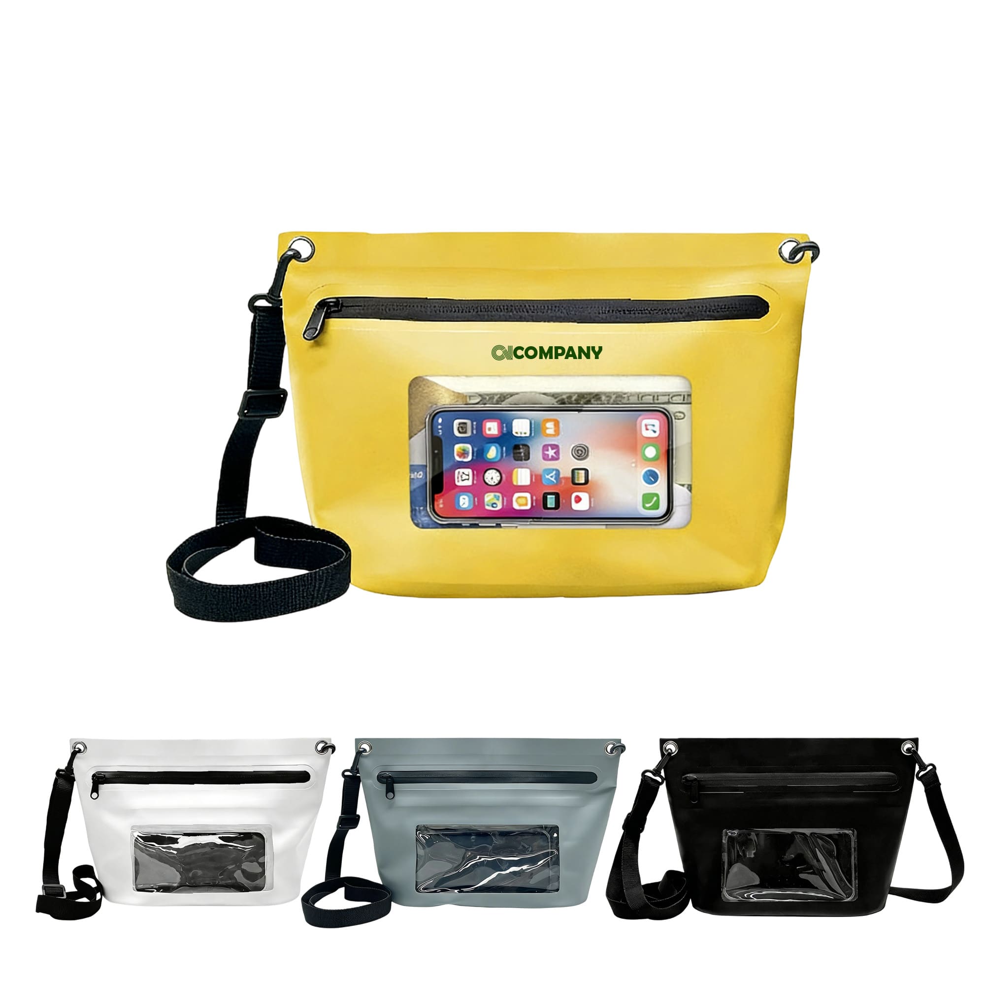 A yellow PVC crossbody phone bag with a clear front pocket, alongside white, silver, and black variations. PVC Crossbody Phone Bag - Image 1
