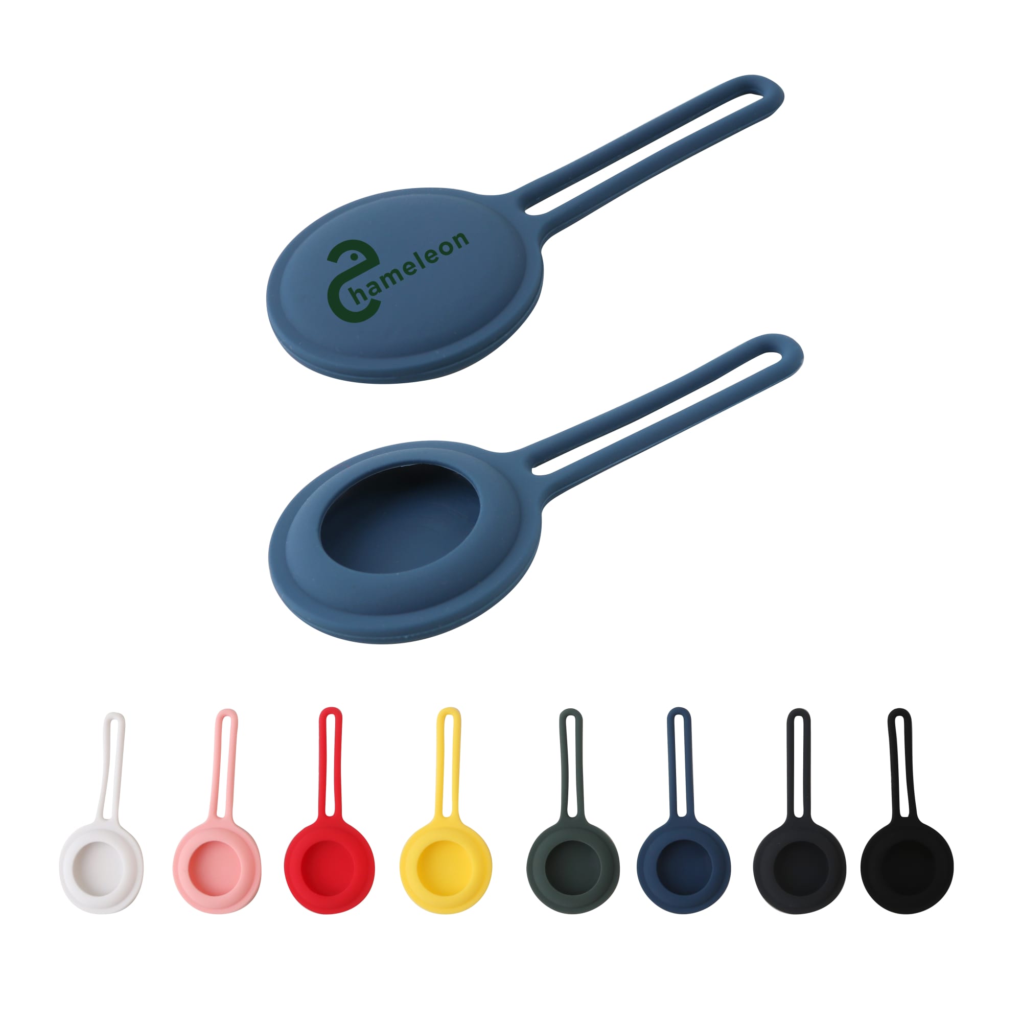 A selection of silicone Air Tag protective cases in various colours, featuring a logo on one. Air Tag Protective Case - Image 1