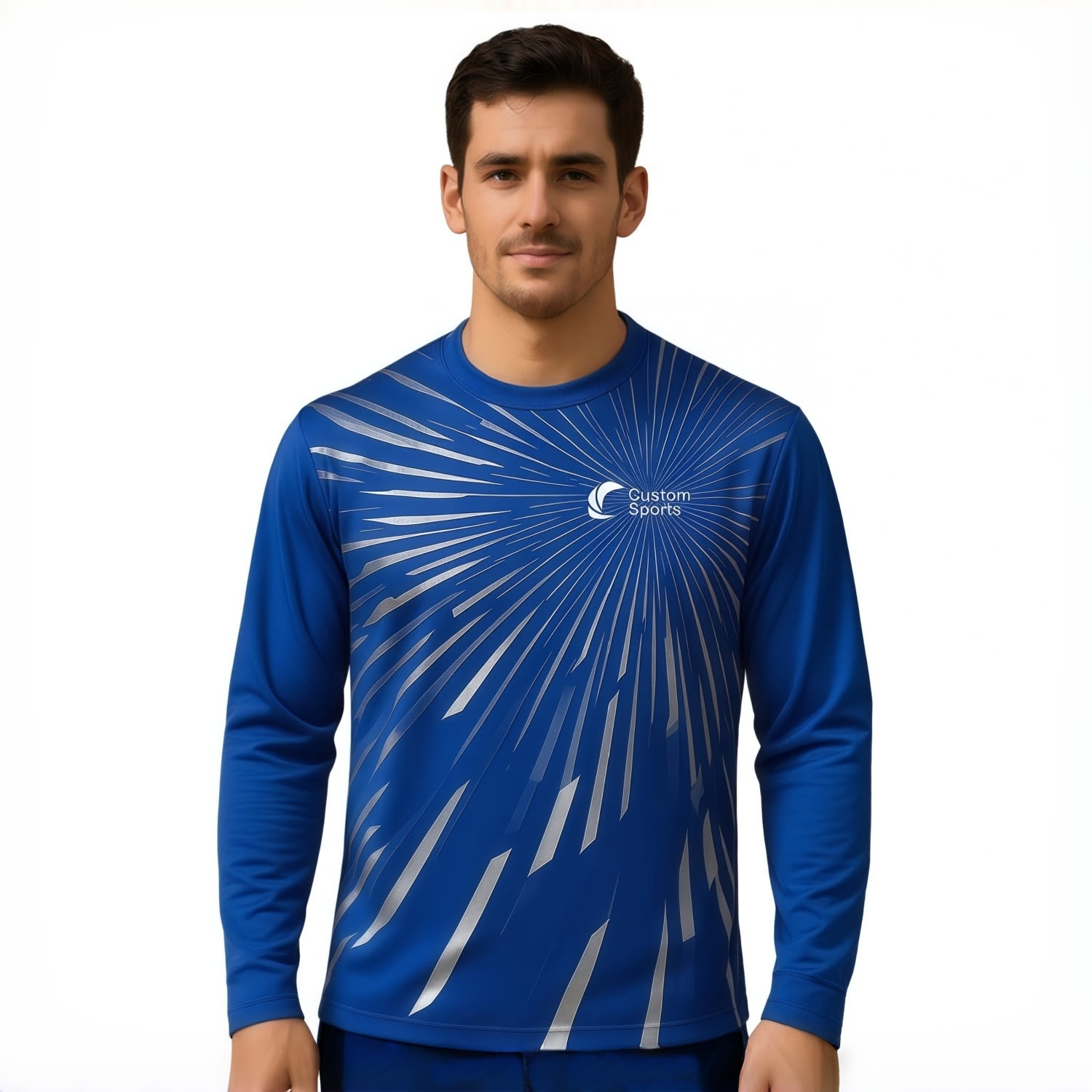 A blue long-sleeved shirt featuring a dynamic pattern and a logo. Made from 100% Poly Milk Silk. 100% Poly Milk Silk Sublimated Basic Long Sleeves Shirt - Image 1