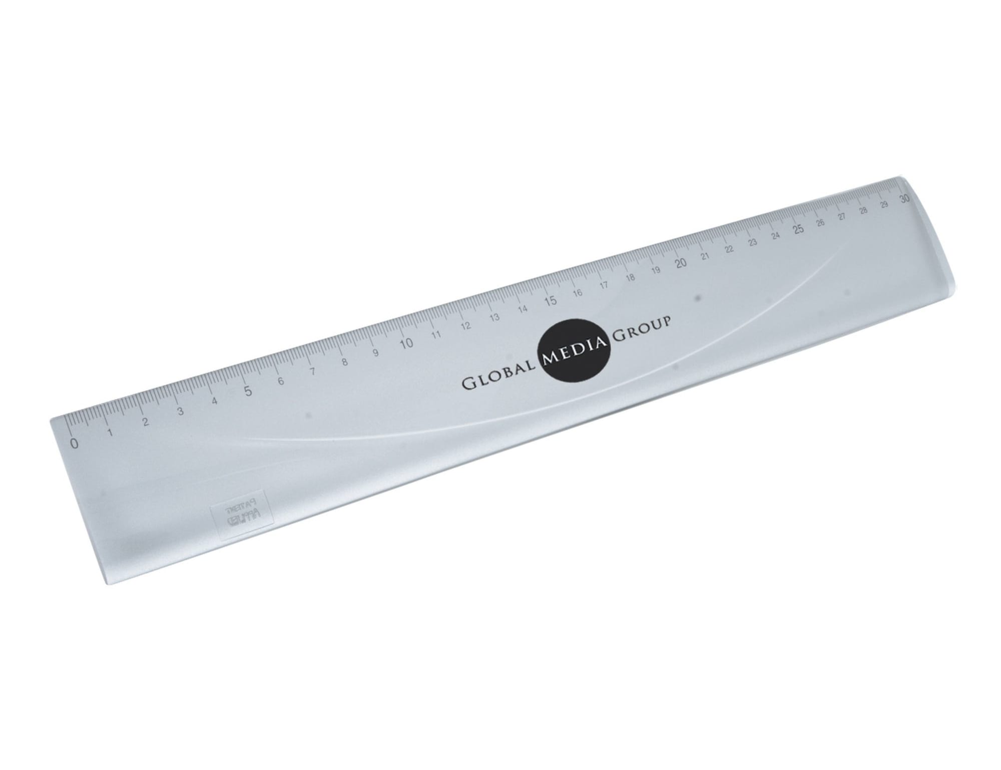 A transparent ruler with measurement markings, featuring a logo in the centre. It measures approximately 30 cm in length. Precision Ruler - Image 1