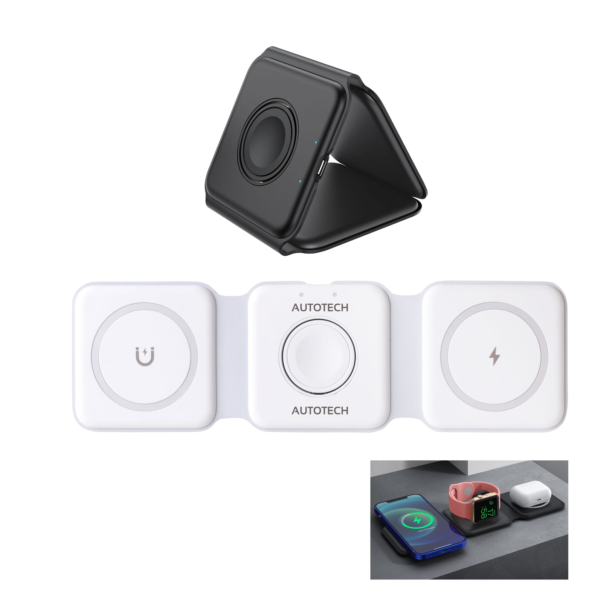 A black 3-in-1 foldable MagSafe wireless charger with a white base for charging multiple devices. 3-In-1 Foldable Magsafe Wireless Charger - Image 1