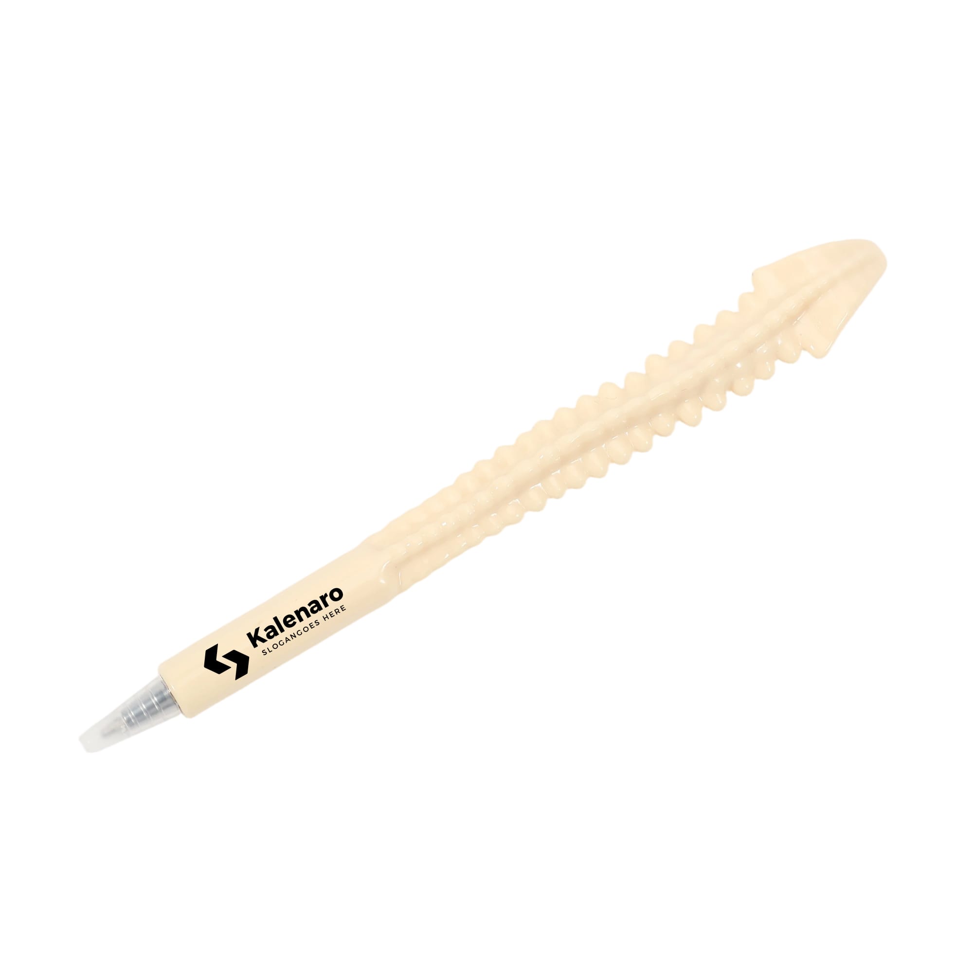 A cream-coloured pen designed to resemble a spine, featuring a logo on the side. Spine Bone Pen - Image 1