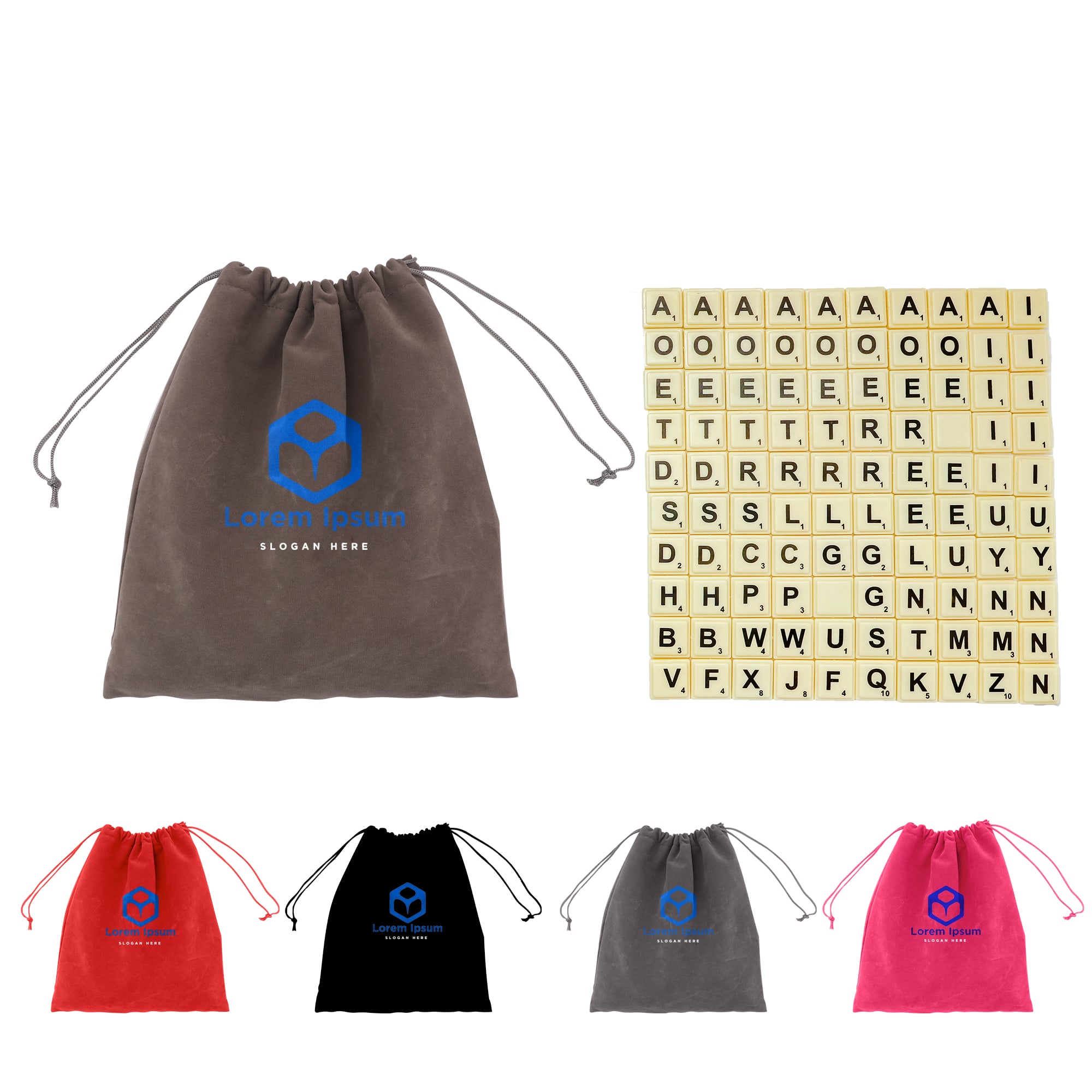 A drawstring bag in grey with a logo, containing wooden alphabet letter tiles in cream and black. Alphabet Letter Tiles - Image 1