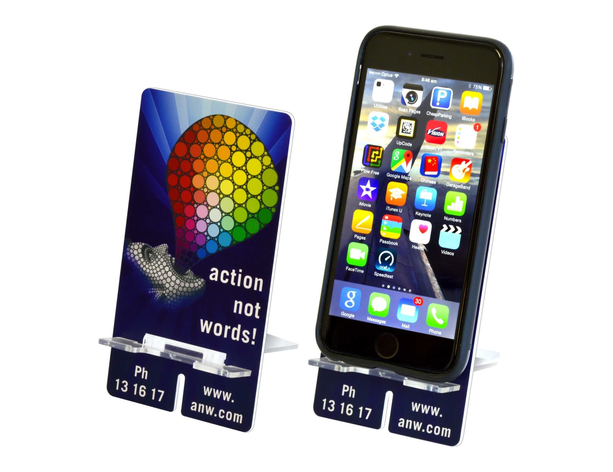 A smartphone stand in blue and white, featuring a colourful design with a logo and a smartphone displayed. Smart Phone Stand - Image 1