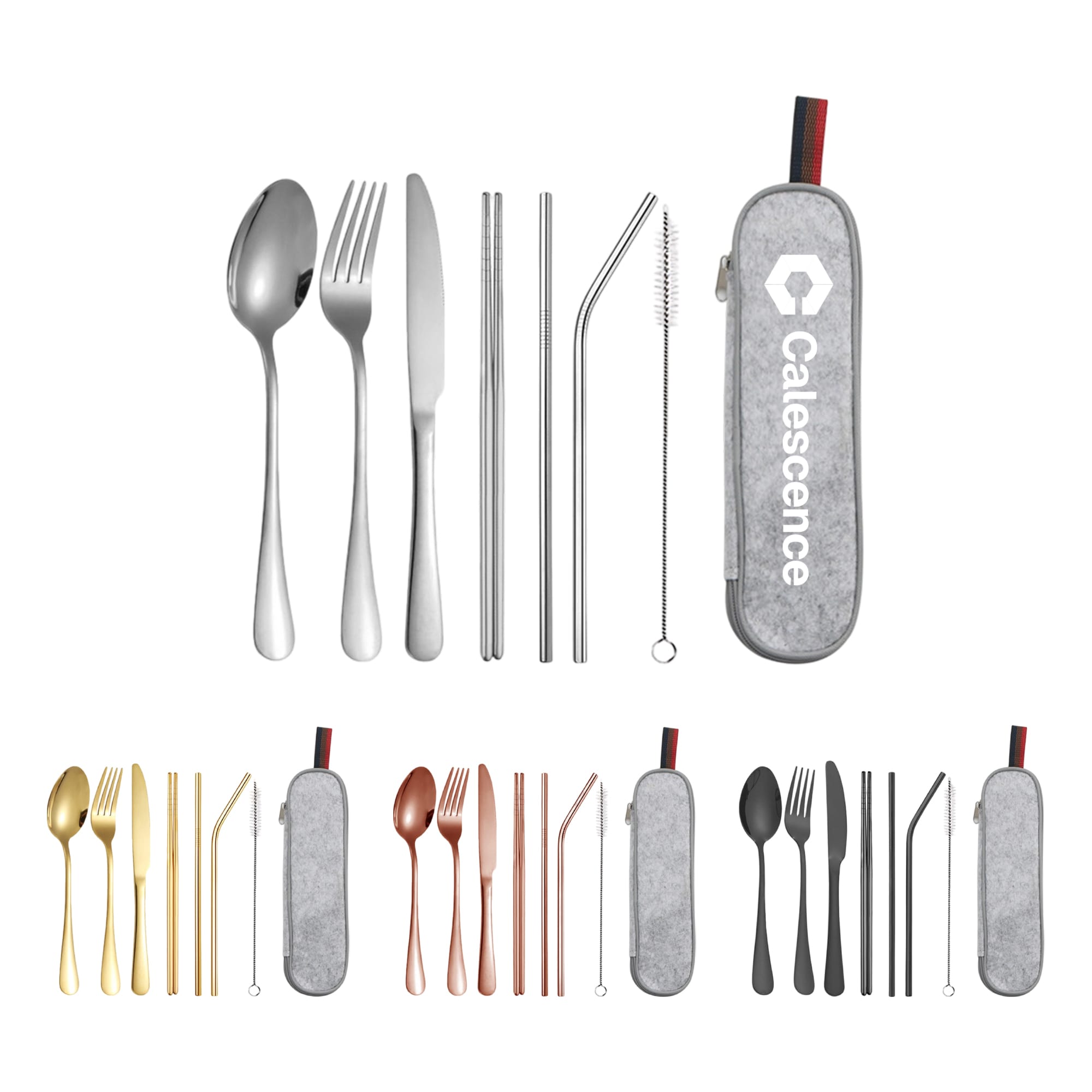 A stainless steel flatware set with seven pieces, including spoons, forks, knives, and straws, in multiple colours with a case. Stainless Steel Flatware Set 7pcs - Image 1