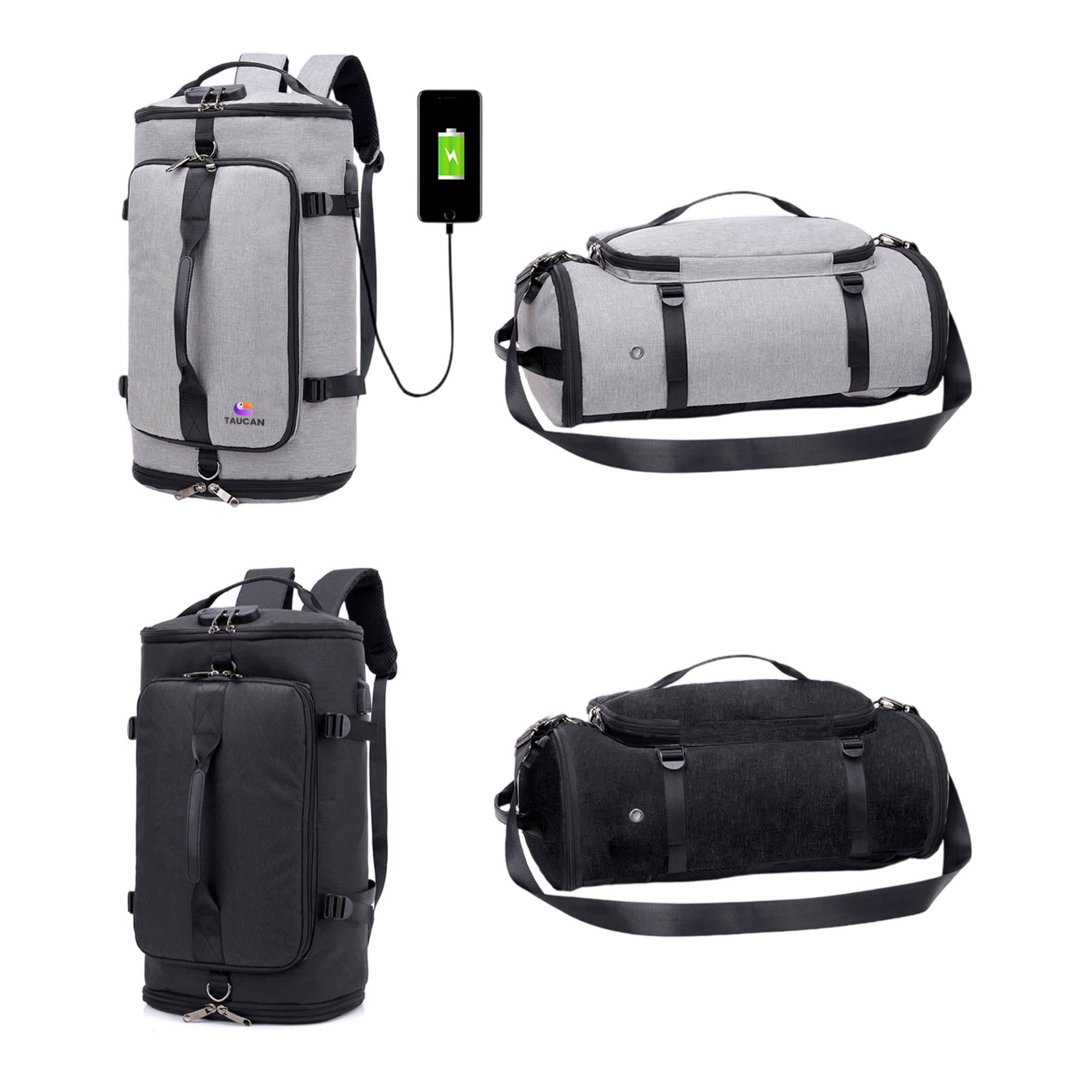 A grey and black convertible bucket backpack duffel bag with adjustable straps and a USB charging port. Convertible Bucket Backpack Duffel Bag - Image 1