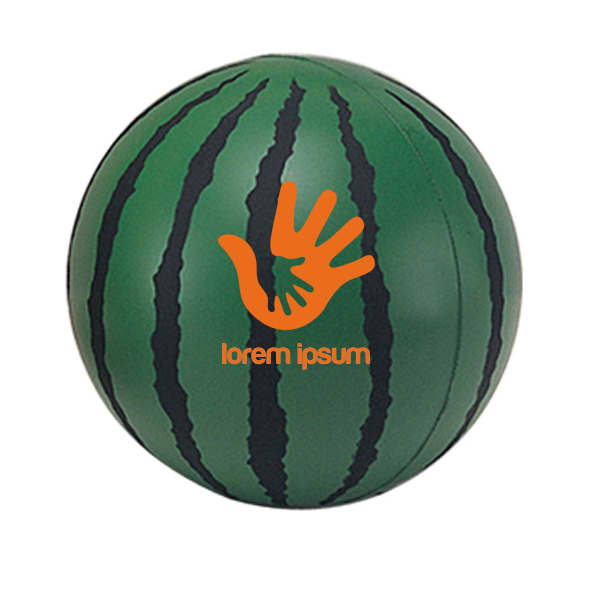 A green watermelon-shaped stress reliever with black stripes and a logo in orange. Watermelon Shape Stress Reliever - Image 1