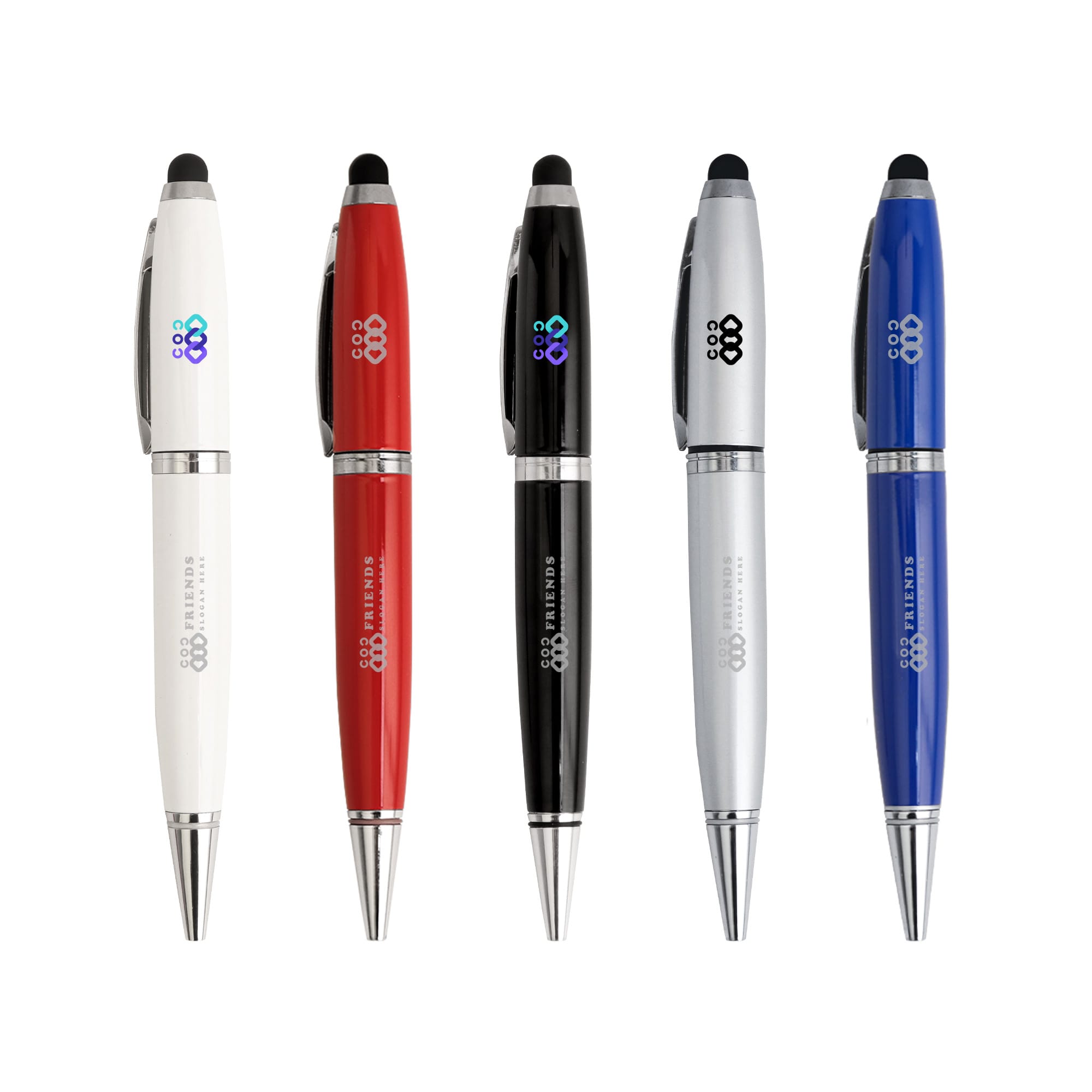 A 3in1 Metal Flash Drive Pen featured in red, black, silver, blue, and white, with a logo on each pen. 3in1 Metal Flash Drive Pen - Image 1