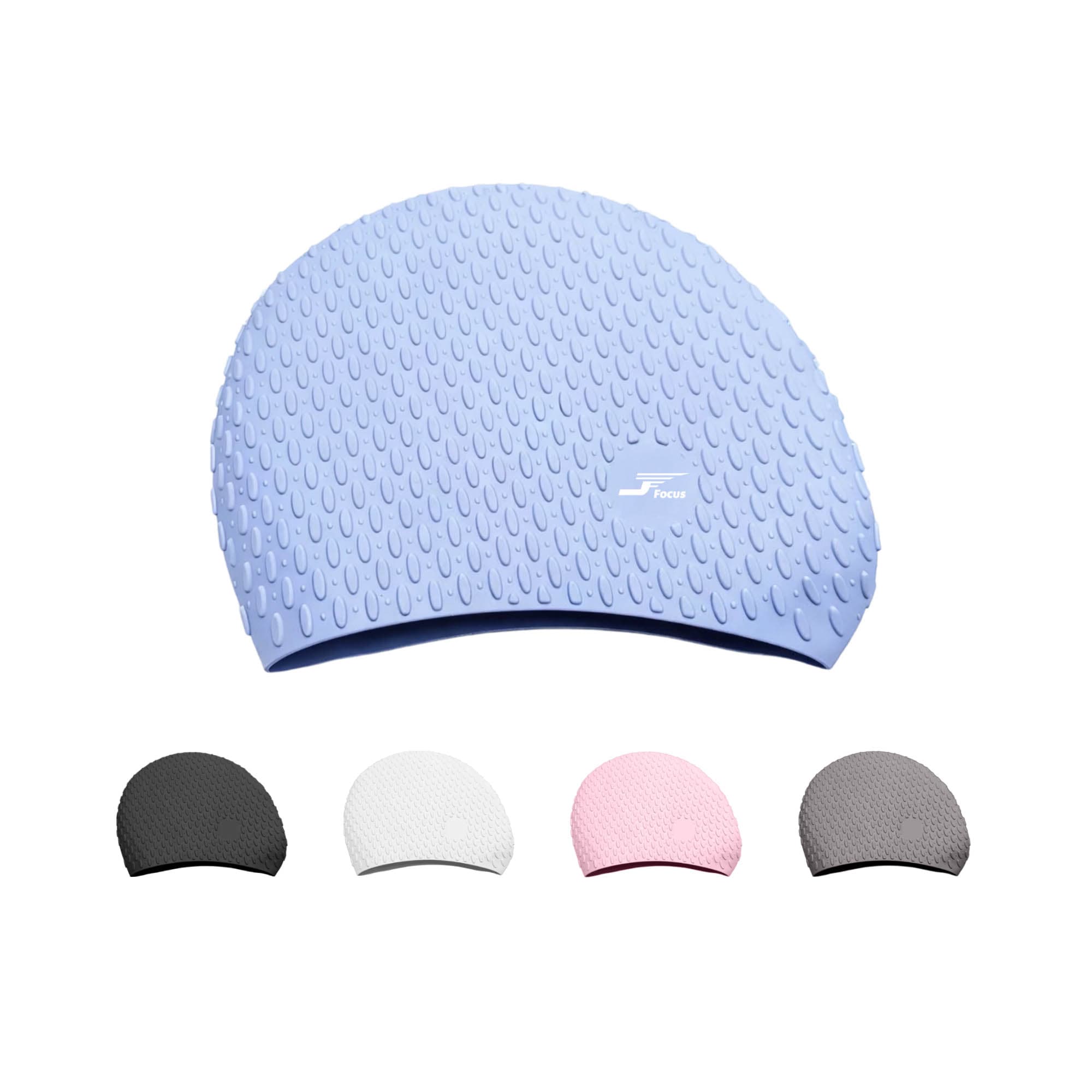A light blue silicone swimming cap featuring textured water droplets, accompanied by caps in black, white, pink, and grey. Premium Silicone Swimming Cap-Water Droplets - Image 1