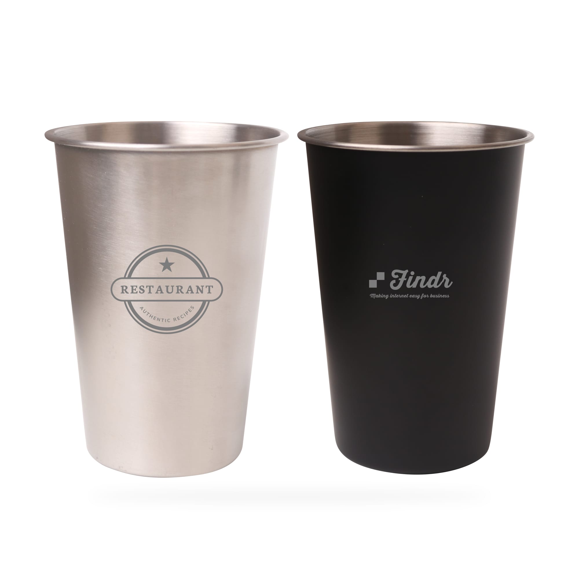A drink bottle featuring stainless steel and matte black finishes, with branding on both cups. Stainless Steel Cup (500ml) - Image 1