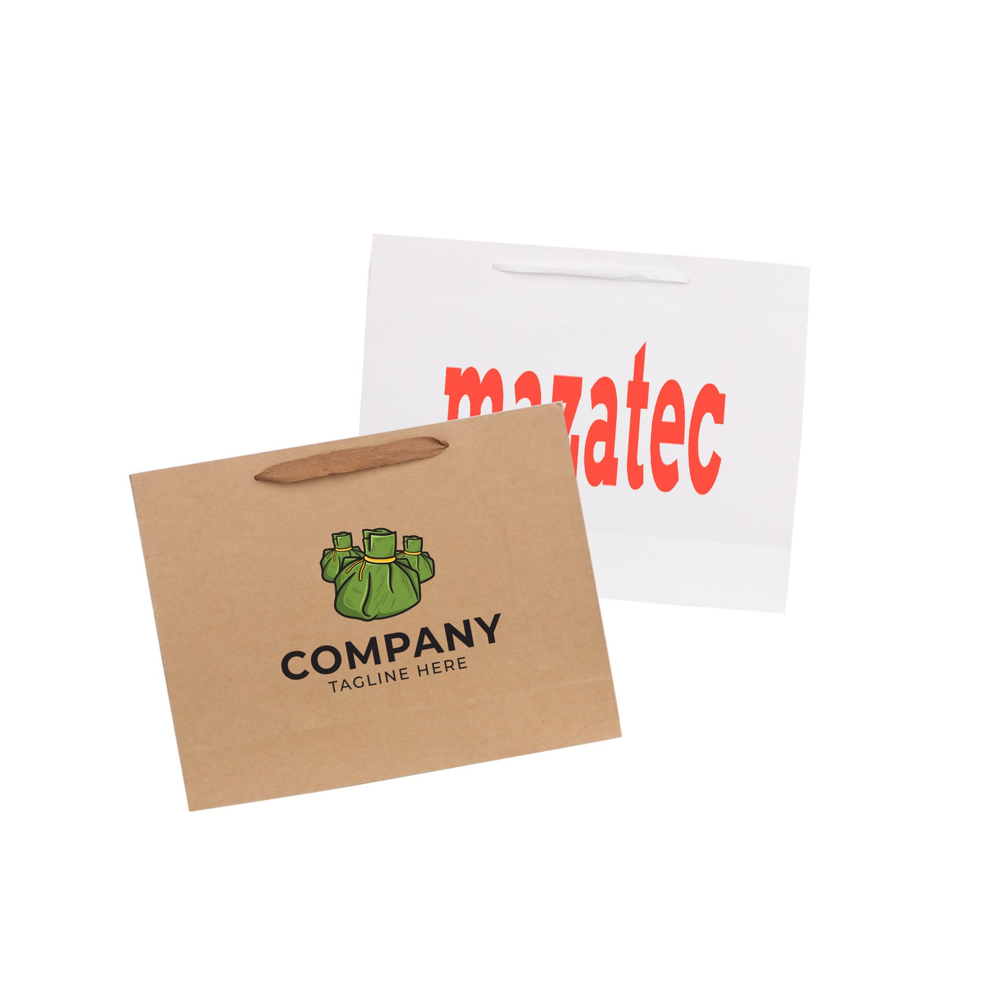 Brown and white paper bag with rope handles, featuring a logo on the brown side and red text on the white side. Small Crosswise Paper Bag with Rope Handle(180 x 140 x 80mm) - Image 1
