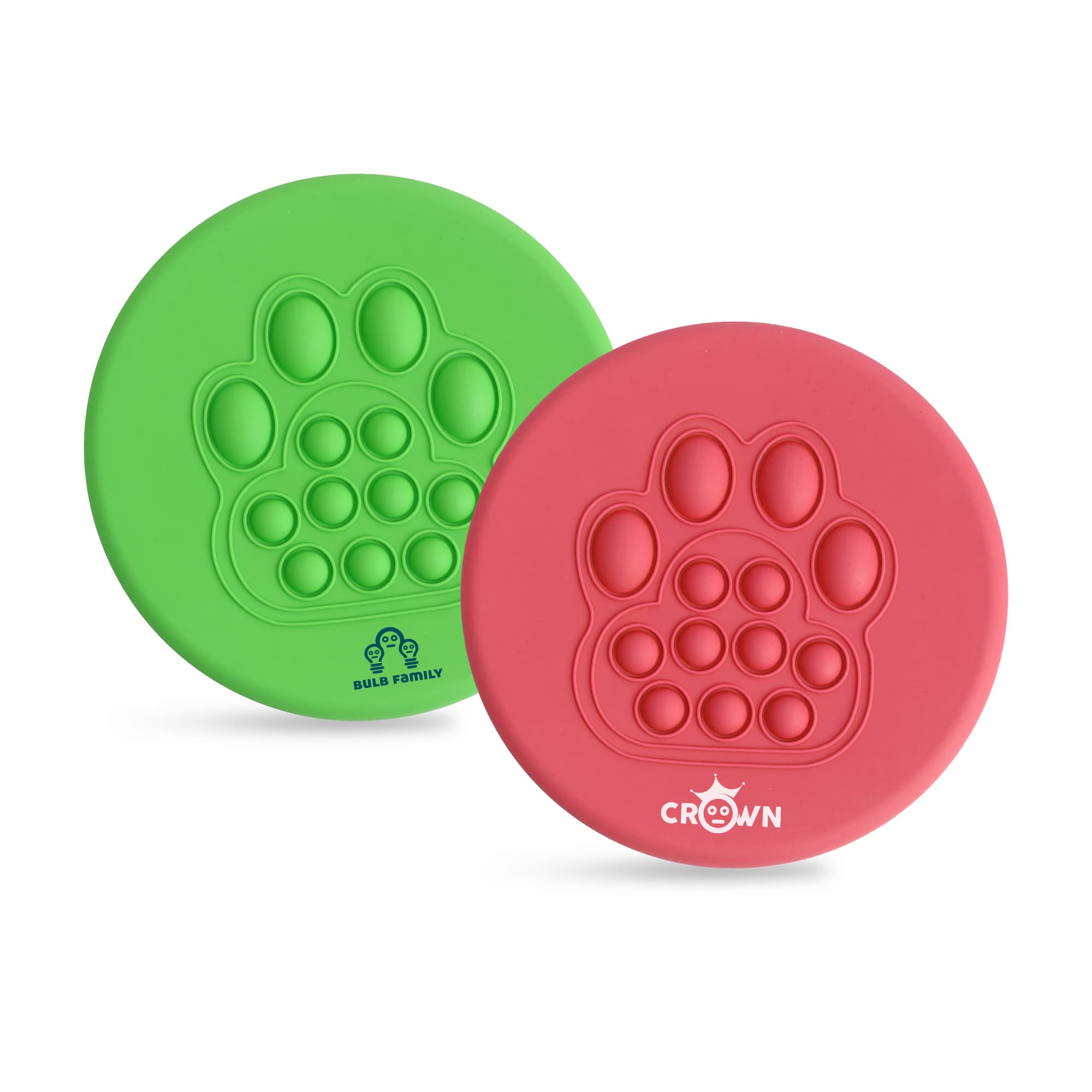 A Pop fidget frisbee set in green and pink, featuring a paw print design with several popping bubbles. Each frisbee has a logo. Pop fidget frisbee - Image 1