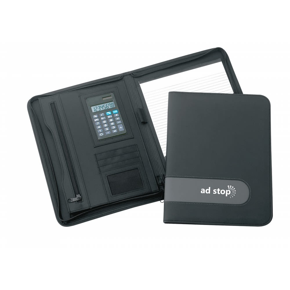 A black zippered A4 compendium featuring a calculator, notepad, and pockets for documents. It includes a logo. Delta Zippered A4 Compendium - Image 1