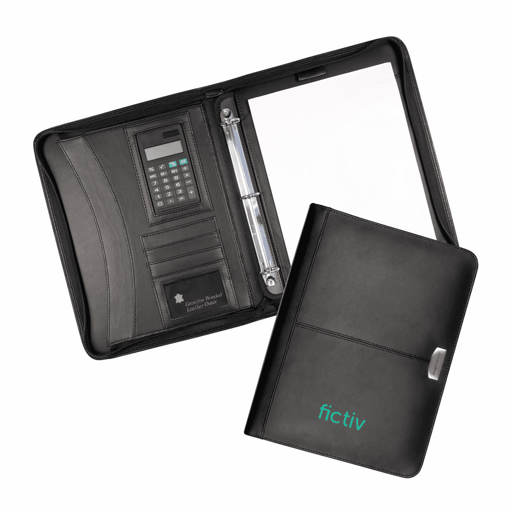 A black leather zippered compendium features a calculator, card slots, and a notepad holder. It has a branding logo. Essex Leather Zippered 3 Ring Compendium - Image 1