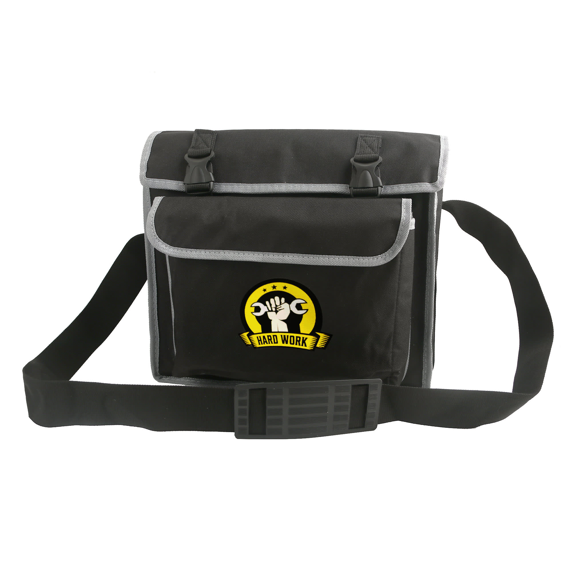 A black portable tool bag with a shoulder strap, featuring a logo and grey accents. Portable Tool Bag - Image 1