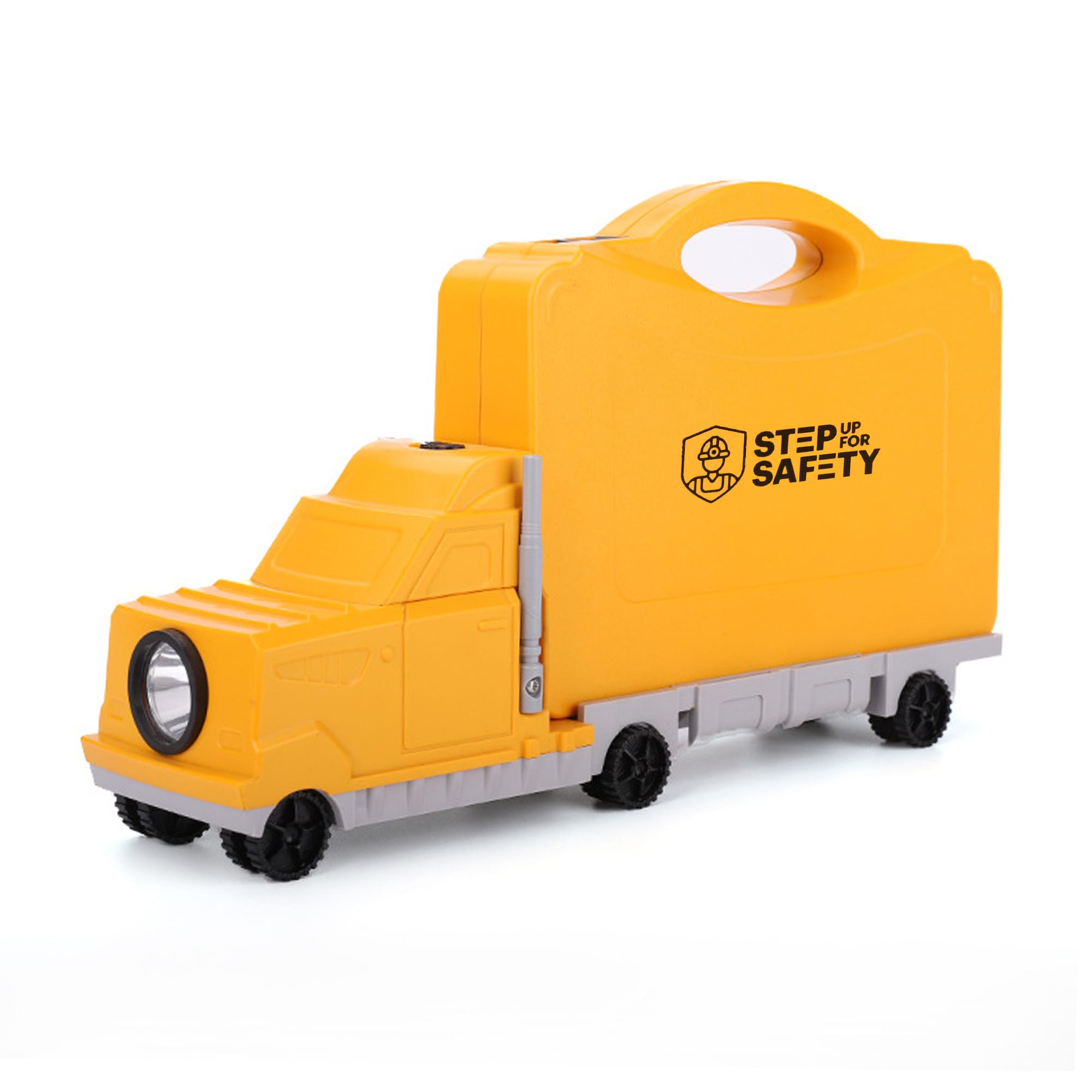 A yellow truck-shaped tool kit with wheels, featuring a handle and a front light. It has a logo on the side. Truck Shape Tool kit - Image 1