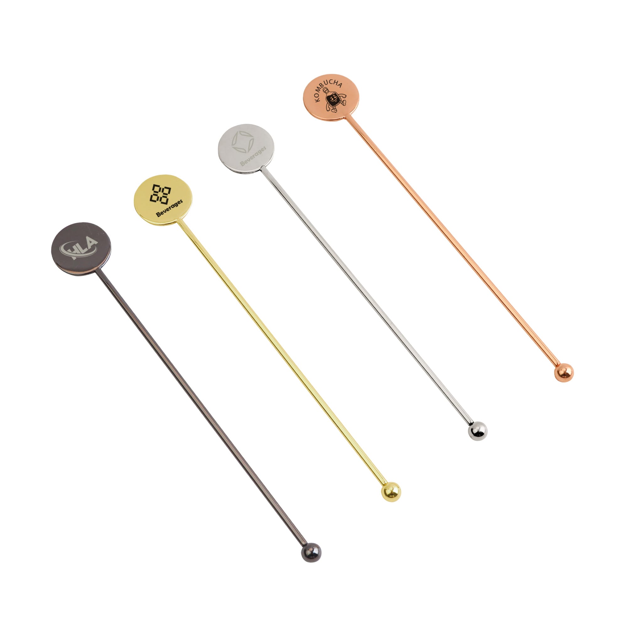 A set of four stainless steel cocktail drink stirrers in gold, silver, copper, and black finishes, each with a logo. Stainless Steel Cocktail Drink Stirrer - Image 1