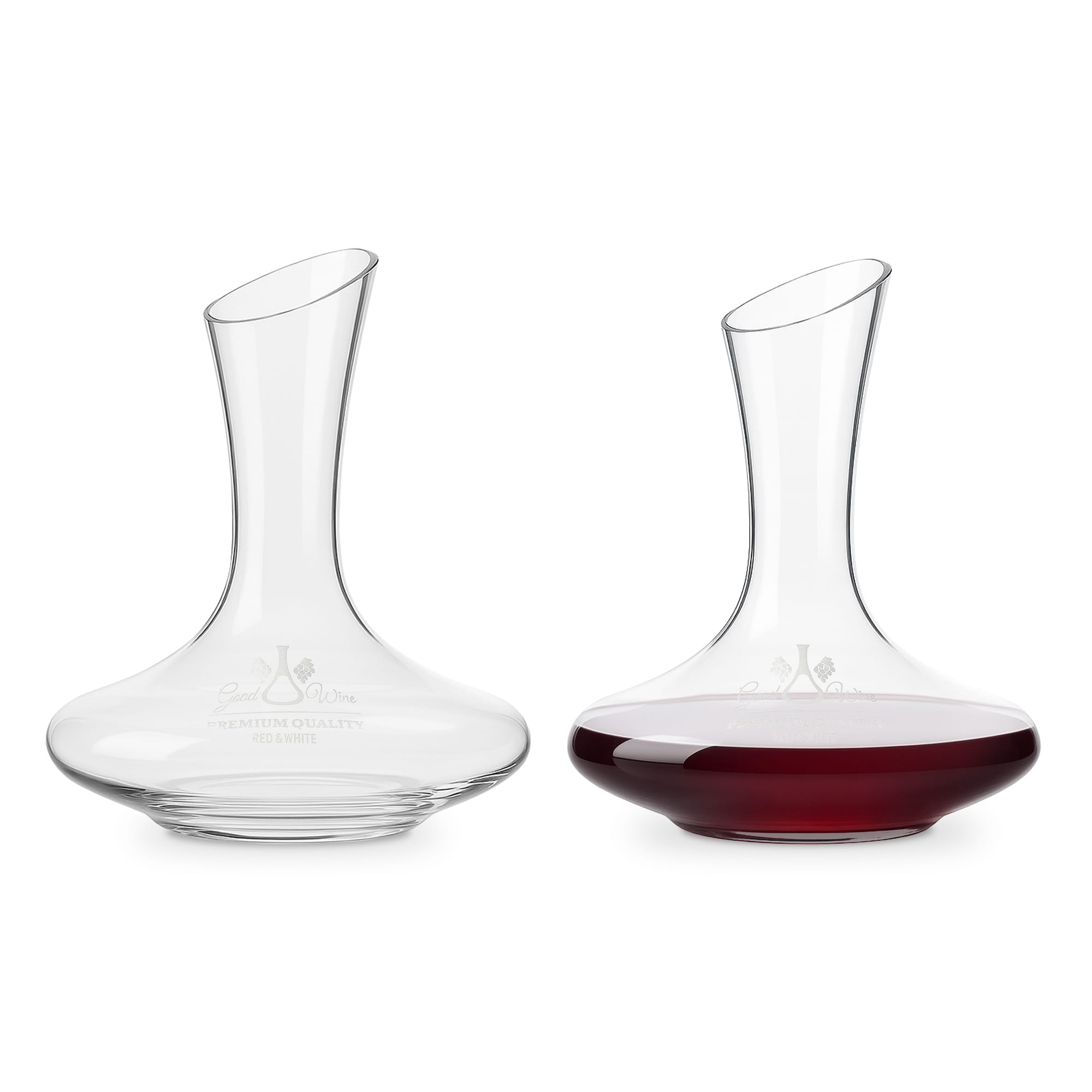 A glass wine decanter with a curved design, showcasing clear glass and rich red wine inside. It has a logo. Classic Wine Decanter - Image 1