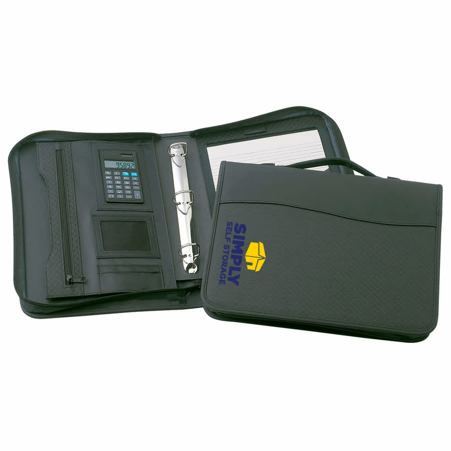 A black zippered compendium with a calculator, D-ring binder, and a pen holder, featuring a logo. Conrad Zippered 3 x D Ring Compendium - Image 1