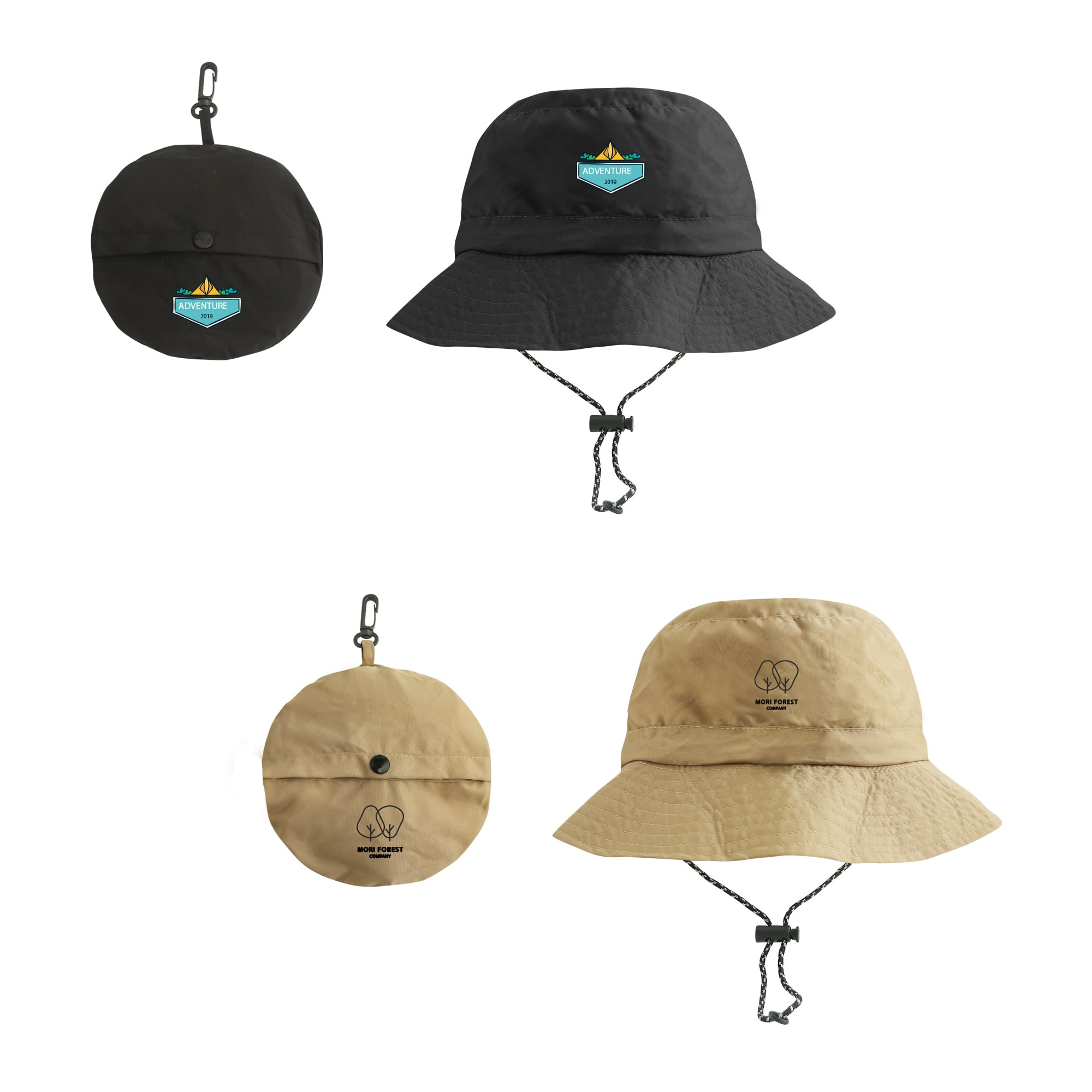 A foldable bucket hat collection featuring black, olive, and beige colours, each with a logo. Foldable Bucket Hat - Image 1