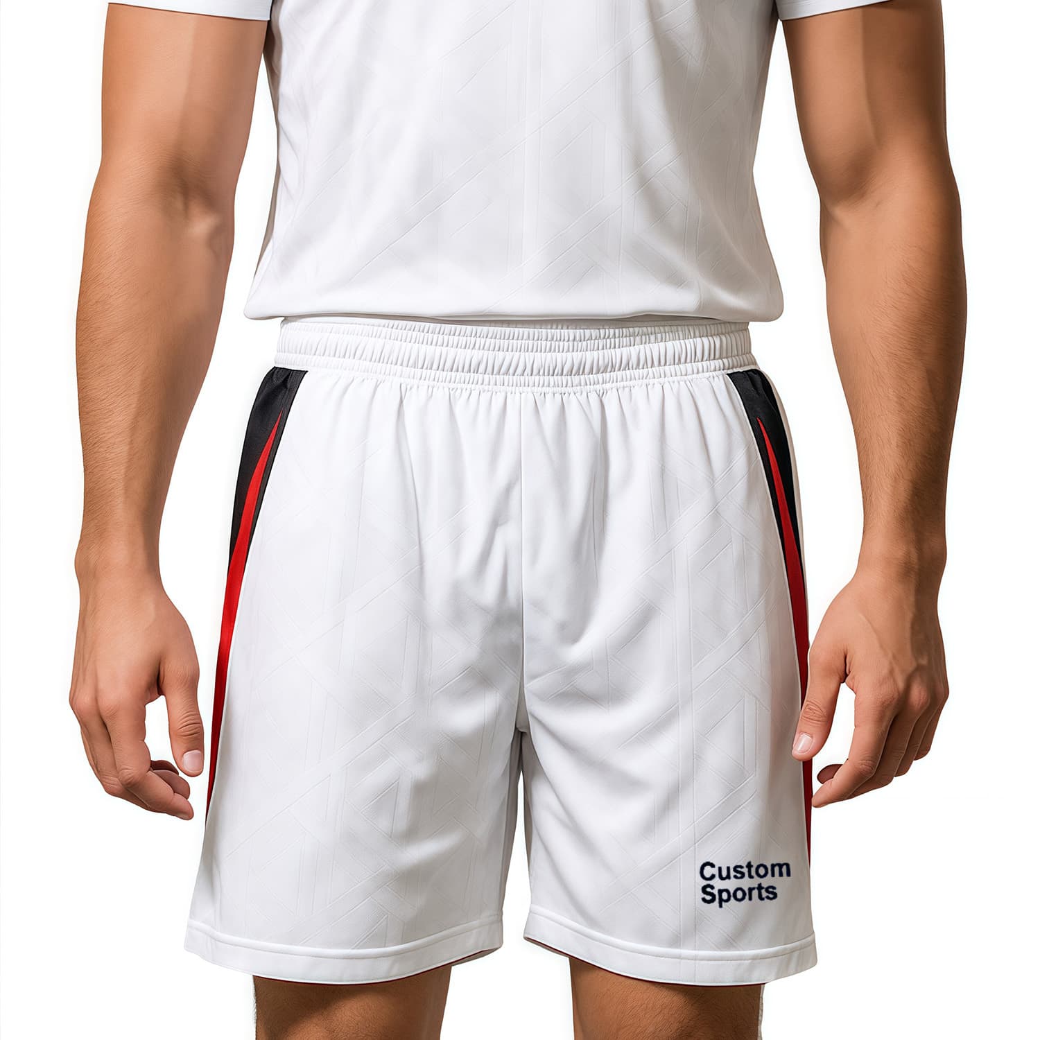 White soccer shorts with red accents, made of 100% polyester, featuring a lining and a logo on the side. 100% Polyester Sublimated Breathable Soccer Shorts With Lining - Image 1