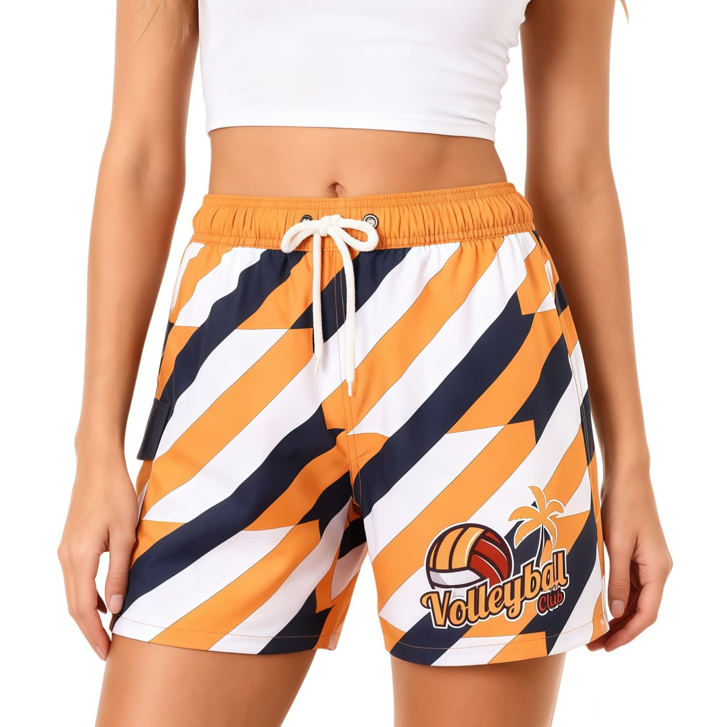 Women's board shorts in orange, navy, and white with a drawstring, pocket, and logo. Women's Polyester Spandex Sublimated Board Shorts With Drawstring and Pocket - Image 1