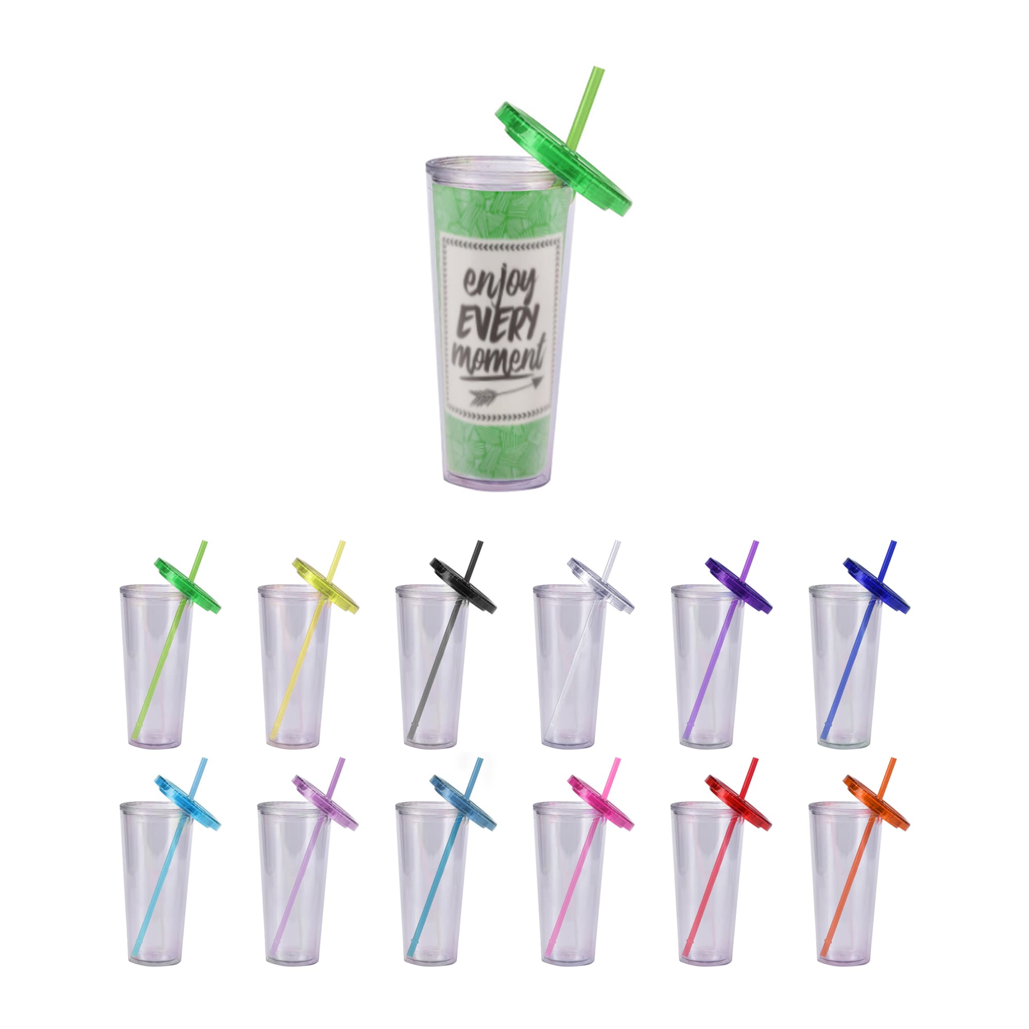 A set of 24oz plastic cups with lids and straws in various colours, featuring one cup prominently displayed. 24oz Plastic Cups with Lids & Straws - Image 1