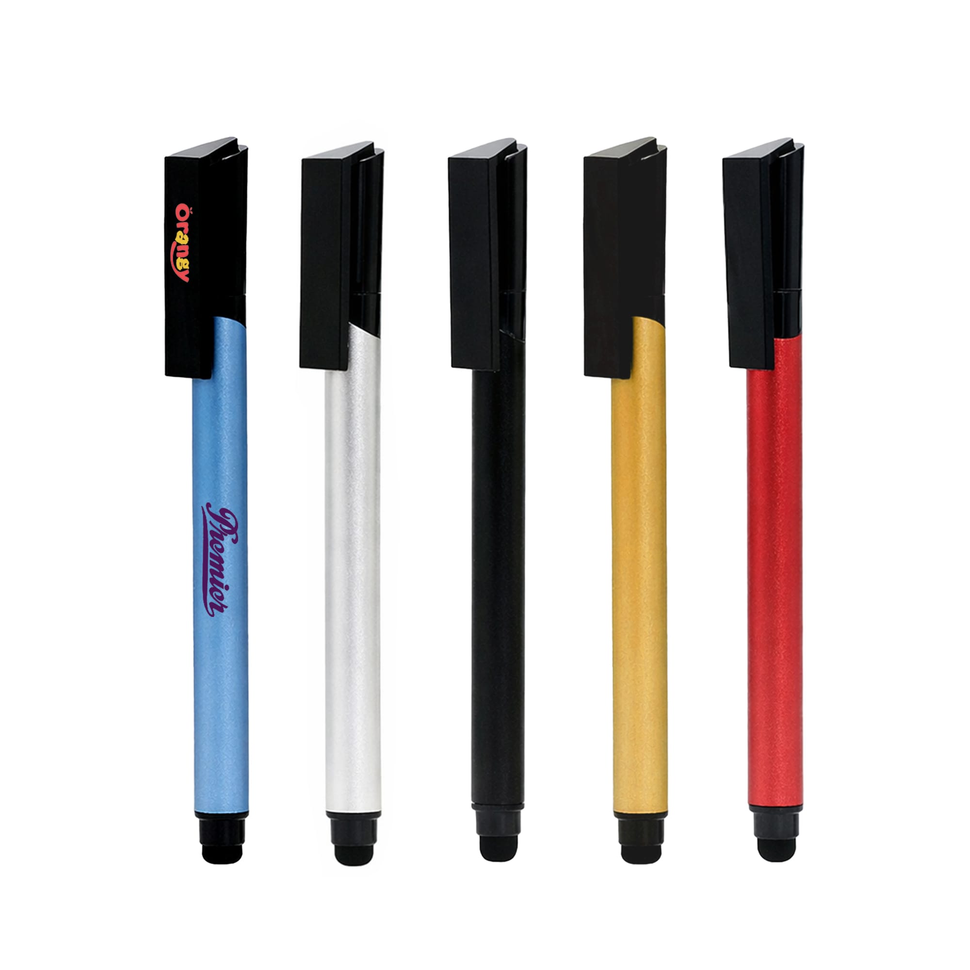 A collection of five stylus USB pens in blue, silver, black, gold, and red, featuring a logo. 3 in 1 Stylus USB Pen - Image 1