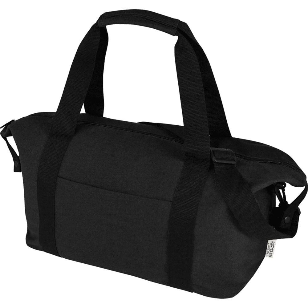 A black recycled canvas sports bag with dual handles and a shoulder strap, featuring a zip closure and a logo. Darani GRS Recycled Canvas Sports Bag 26L - Image 1