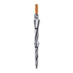 A black and white striped golf umbrella with a wooden handle, featuring a logo.