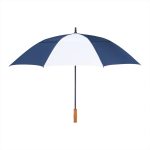 A recycled golf umbrella with a navy blue and white canopy, featuring a wooden handle and a logo.