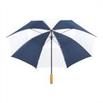 A navy and white recycled golf umbrella with a wooden handle and a logo.